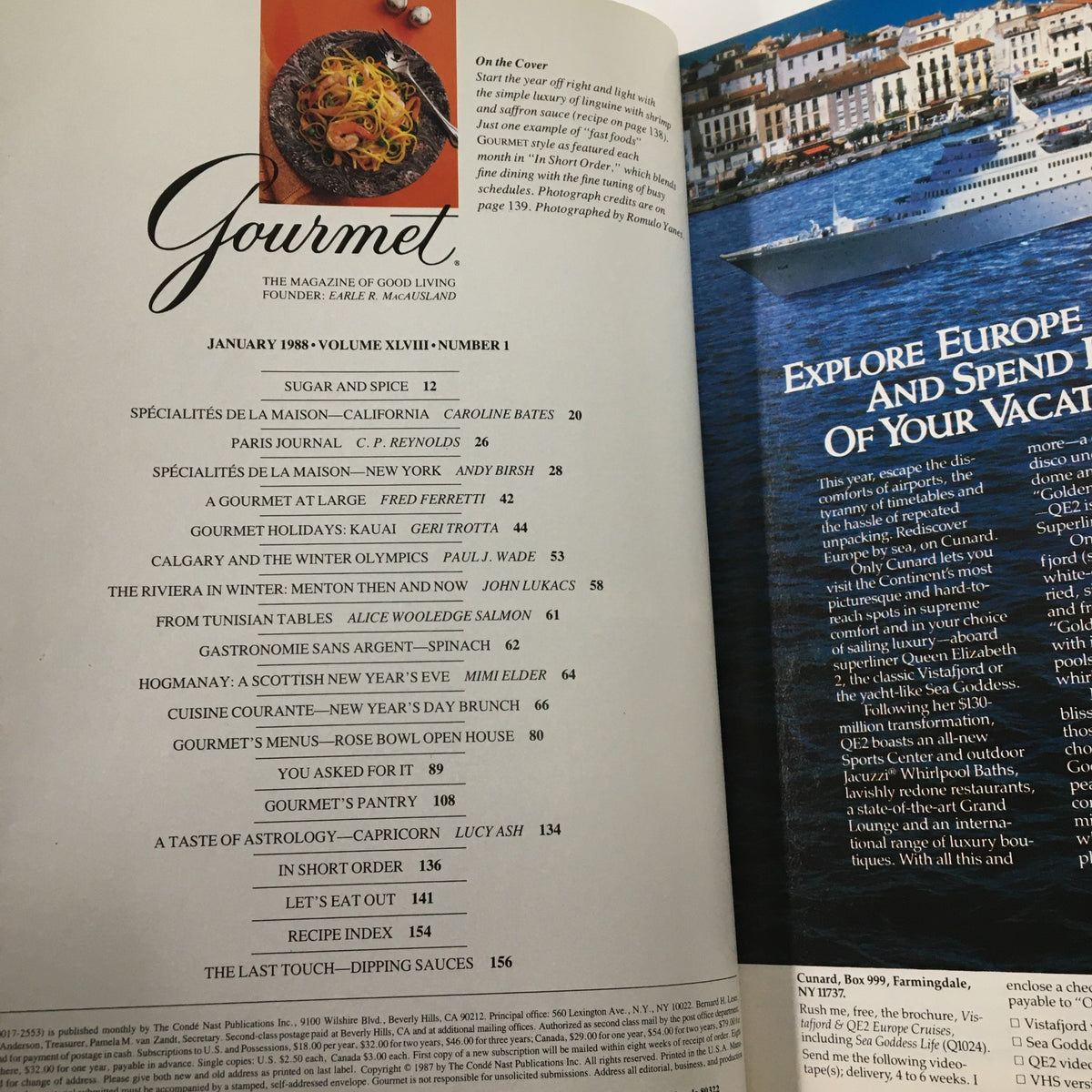 Table of contents from VTG Gourmet Magazine January 1988, showcasing articles and recipes including the cover story 'The Simple Luxury of Linguine.'