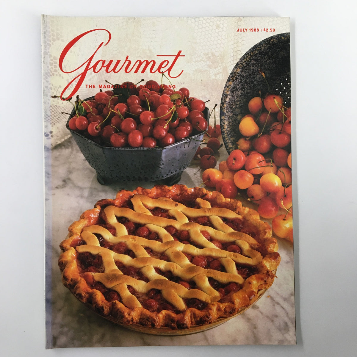 Cover of VTG Gourmet Magazine July 1988 featuring a cherry pie flanked by vibrant sour cherries.