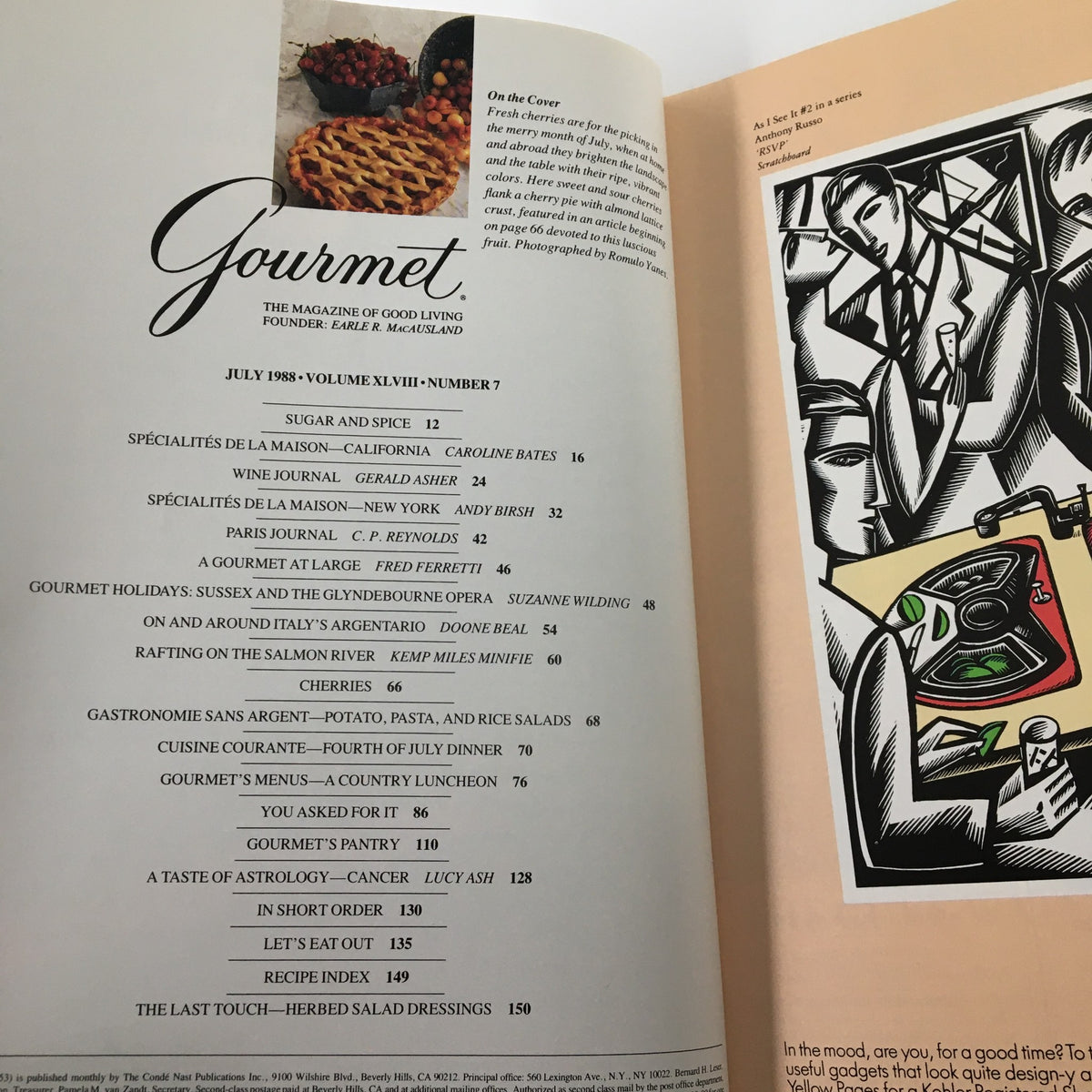 Inside page of VTG Gourmet Magazine July 1988 displaying the table of contents and cover story about cherries.