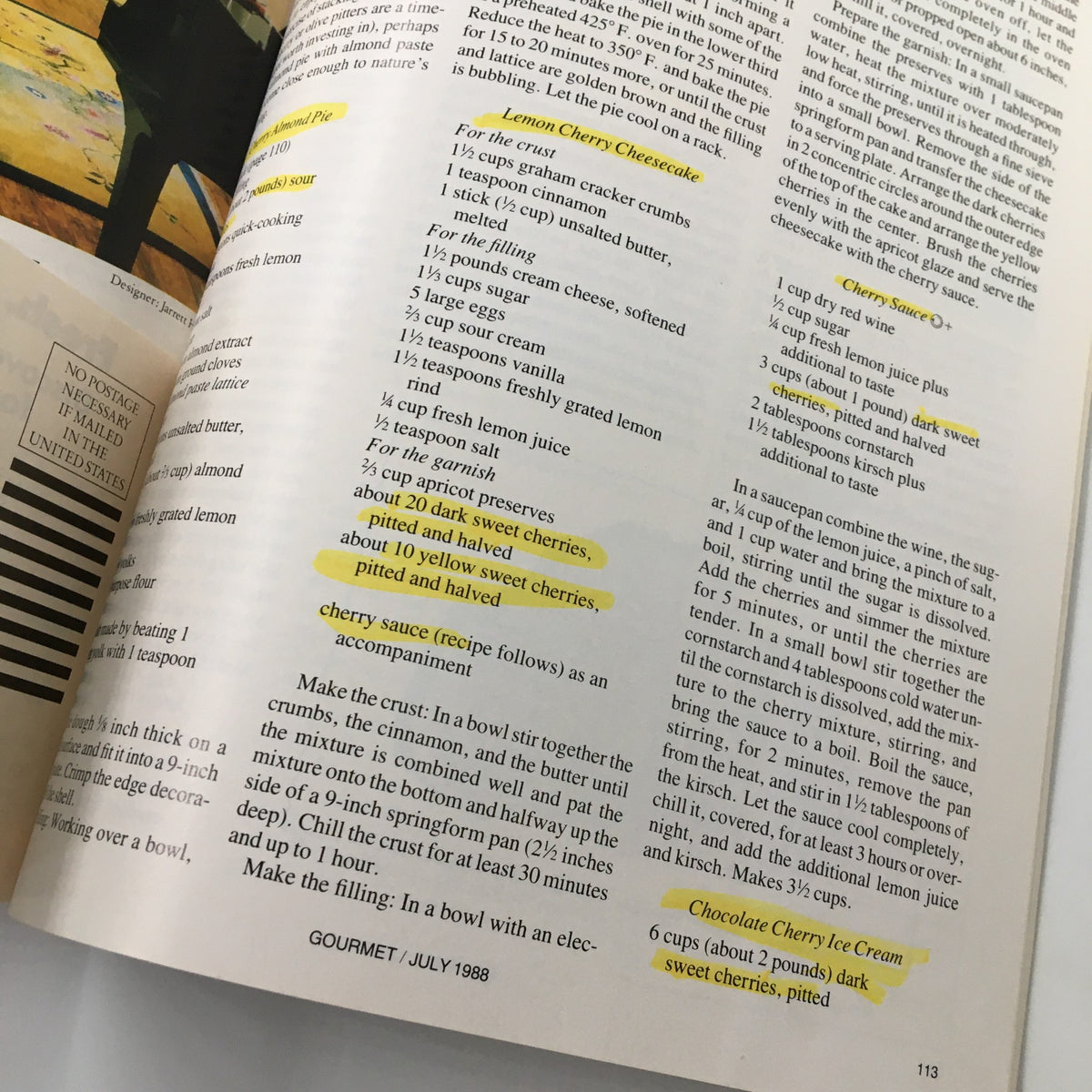Recipe page from VTG Gourmet Magazine July 1988 highlighting cherry-related recipes with notable annotations.