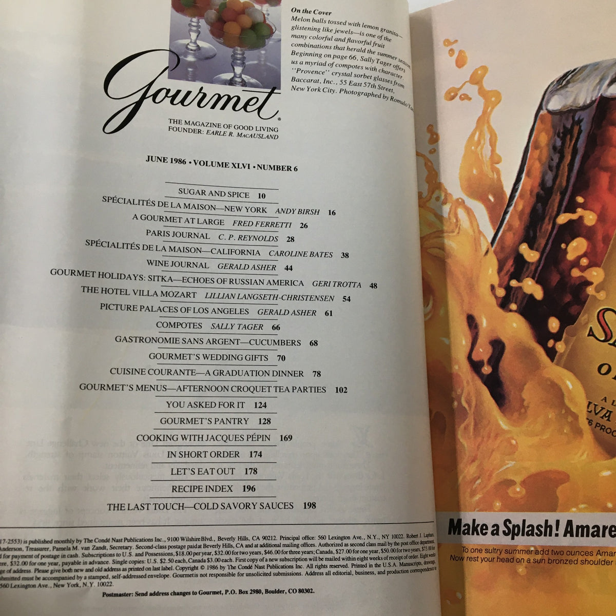 Table of contents from VTG Gourmet Magazine June 1986 highlighting articles and recipes, emphasizing gourmet food culture of the 1980s.