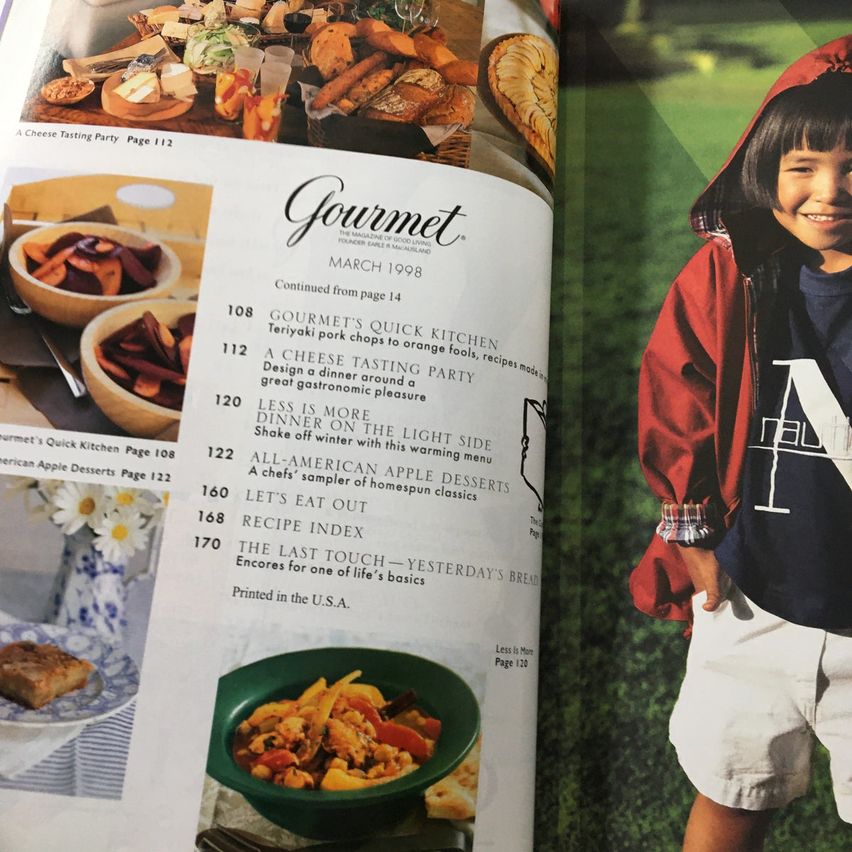 Interior page of Gourmet Magazine March 1998 displaying a table of contents with sections on 'Less is More Dinner on the Light Side', along with various culinary articles and a recipe index.