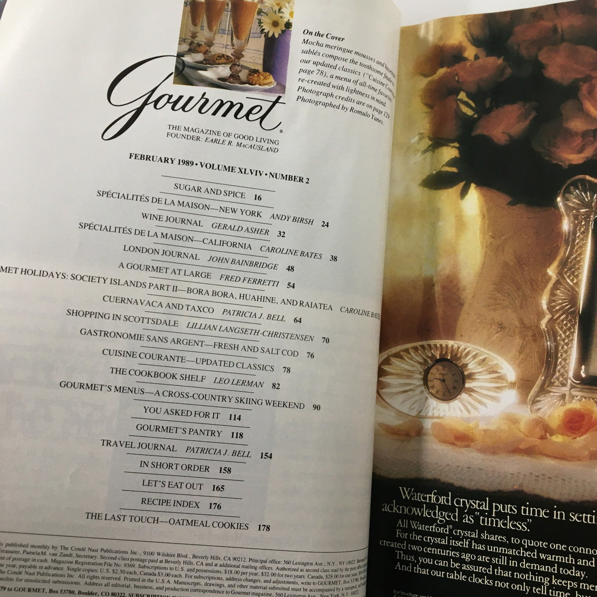 Interior page from the VTG Gourmet Magazine February 1989 displaying the table of contents alongside a vintage clock and floral decor.