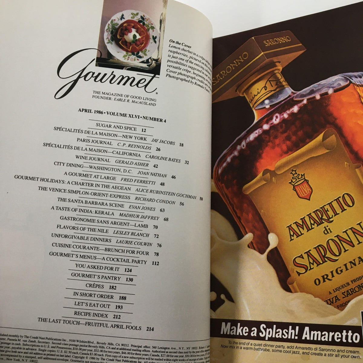 Inside page of VTG Gourmet Magazine April 1986 showcasing the table of contents, highlighting articles and features including recipes and culinary topics.