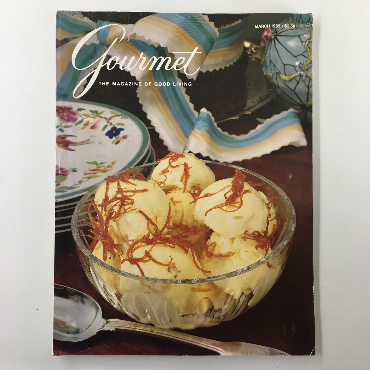 Cover of VTG Gourmet Magazine March 1989 featuring a bowl of dessert, showcasing culinary artistry and vintage style.