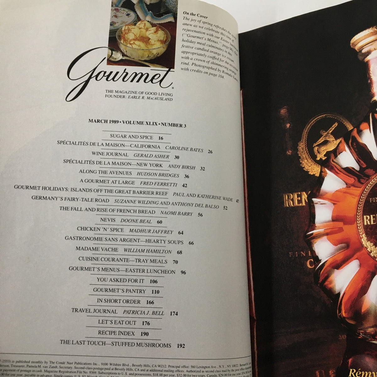 Inside page of VTG Gourmet Magazine March 1989 displaying the table of contents, highlighting articles and recipes for culinary enthusiasts.