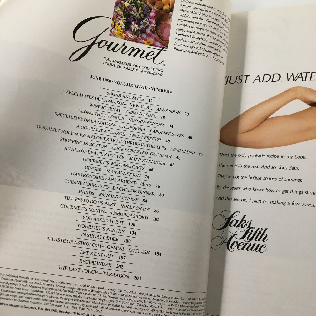 Inside page of VTG Gourmet Magazine June 1988, displaying the table of contents including the article A Taste of Astrology - Gemini, showcasing the publication's unique blend of culinary and astrological insights.