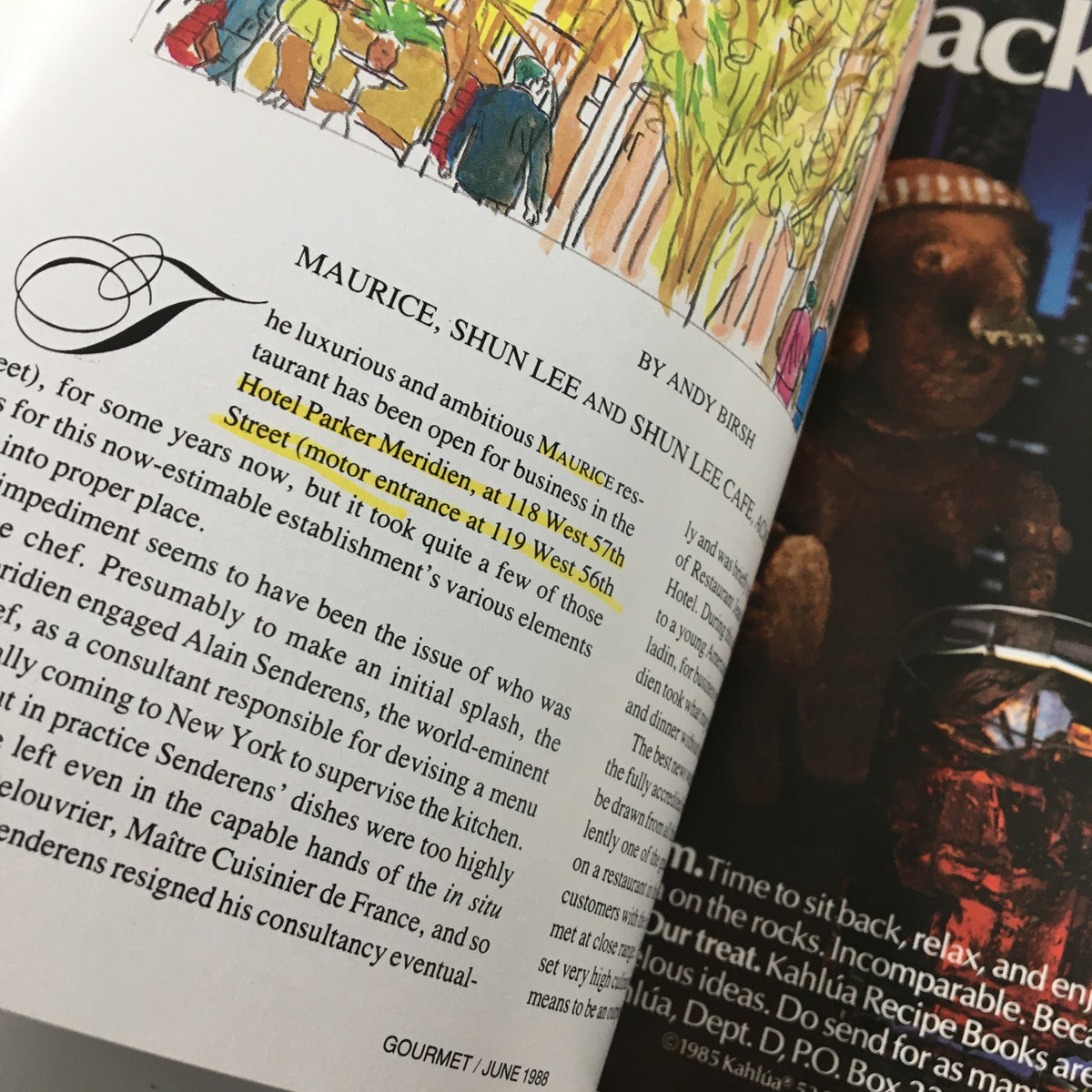Interior view of Gourmet Magazine June 1988, showcasing an article about Maurice, Shun Lee and Shun Lee Cafe. The colorful illustration depicts a bustling restaurant scene. This issue, titled 'A Taste of Astrology - Gemini,' combines culinary themes with astrological insights.