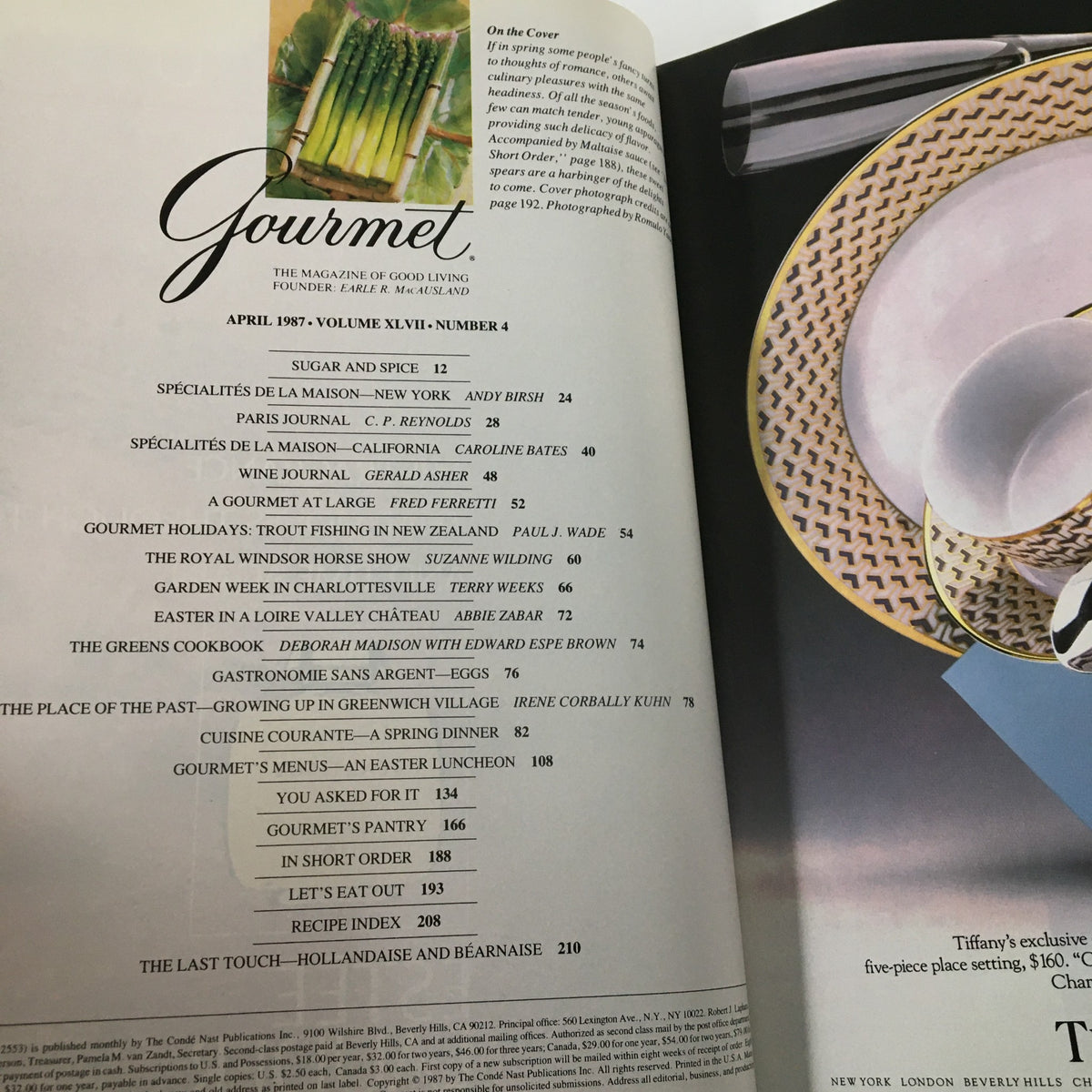 Table of contents from VTG Gourmet Magazine April 1987, listing sections including recipes and articles on sauces, desserts, and fine dining experiences.