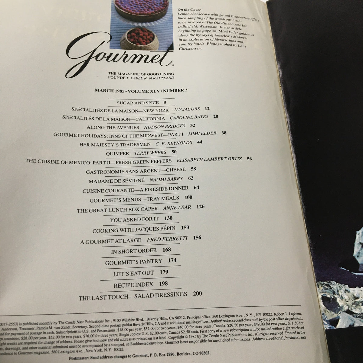 Table of contents from the March 1985 issue of Gourmet Magazine, detailing various articles and recipes, including the featured section on salad dressings.