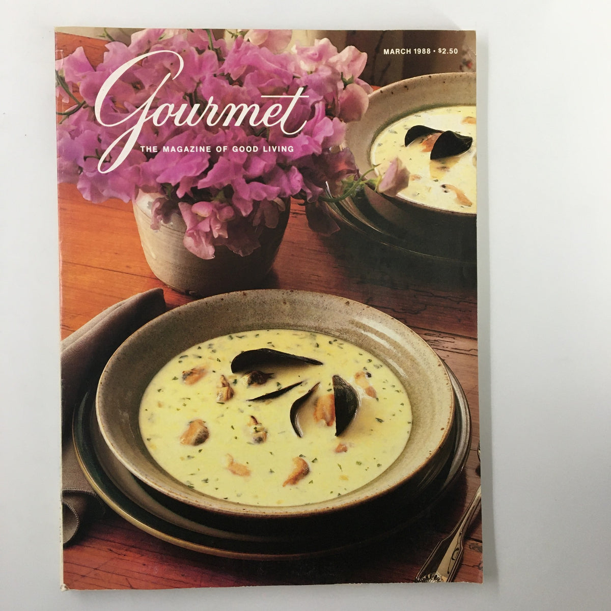 Vintage Gourmet Magazine March 1988 cover featuring a bowl of soup and pink flowers, highlighting the theme of 'A Taste of Astrology Pisces'.