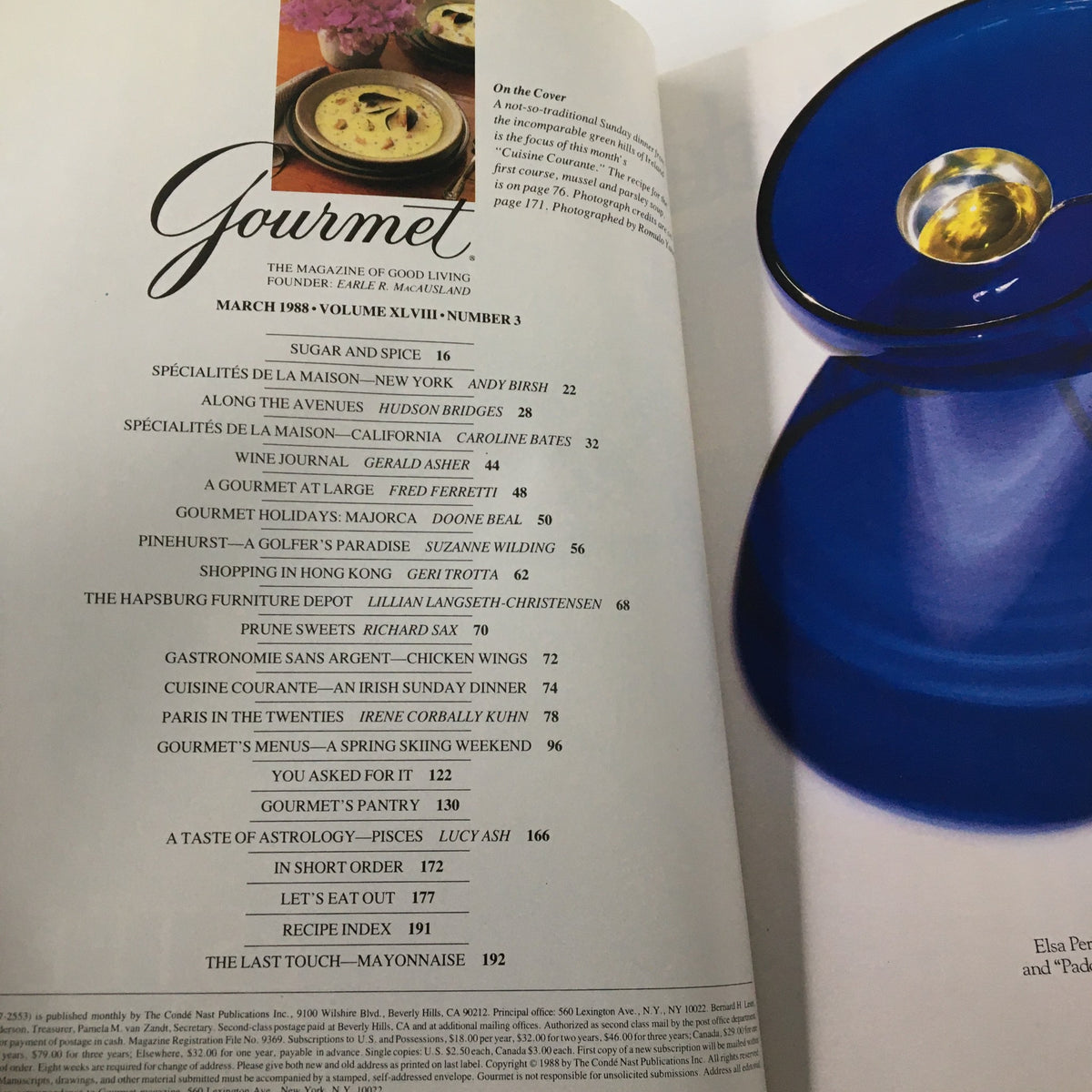 Interior page of Vintage Gourmet Magazine March 1988 displaying the table of contents, featuring sections on gastronomy and astrology.