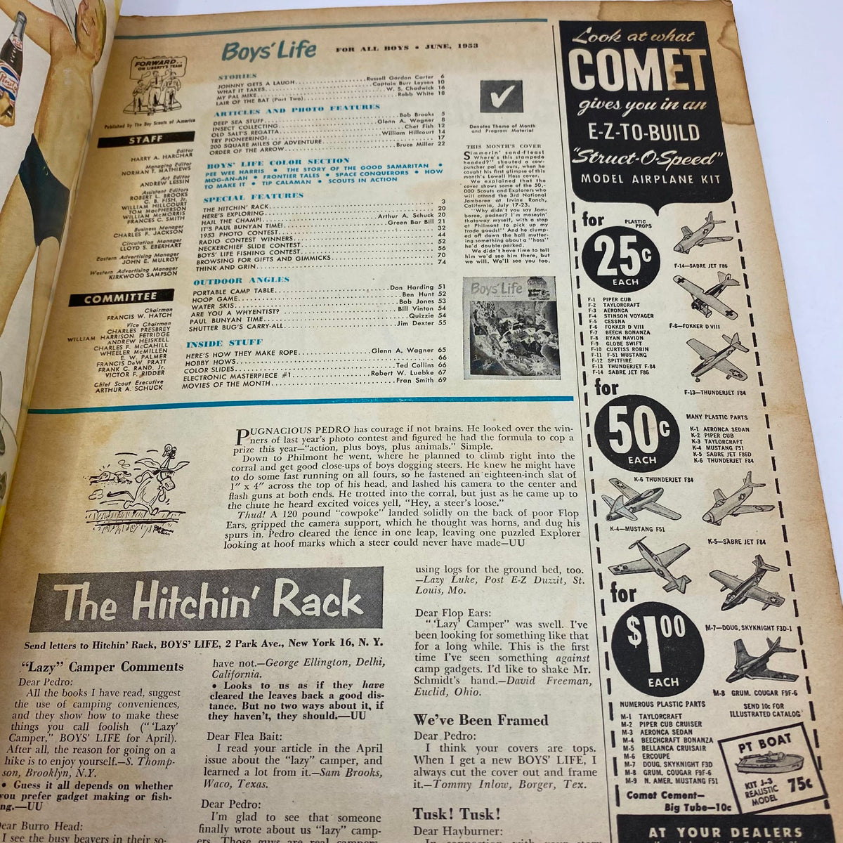 Interior page of the vintage magazine 'Boys' Life for All Boys Magazine' from June 1953, showcasing articles and sections related to scouting, along with a Comet model airplane kit advertisement.