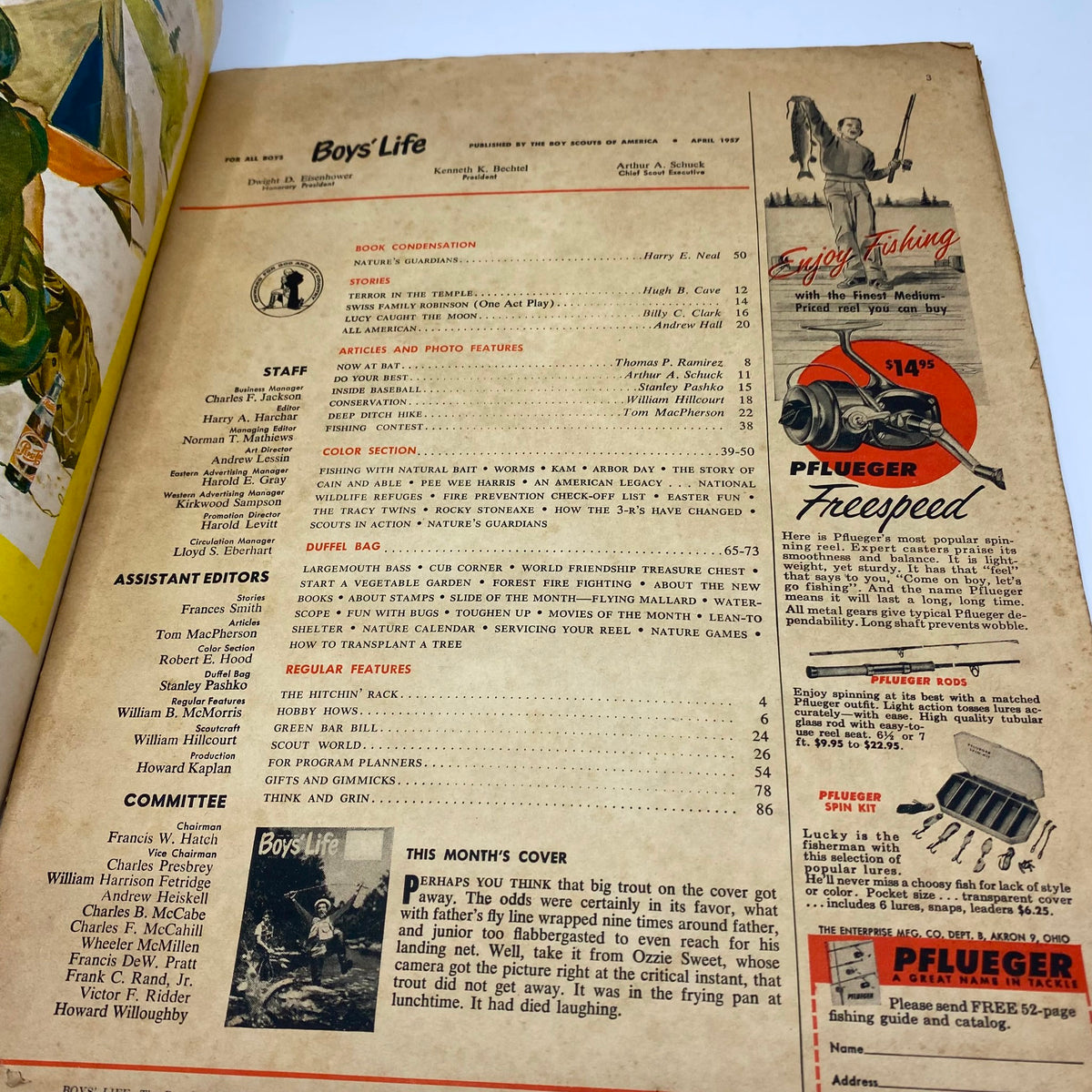 Interior page of the VTG Boys' Life for All Boys Magazine, April 1957, featuring the table of contents and various exciting articles, reflecting the interests of young boys during the 1950s.