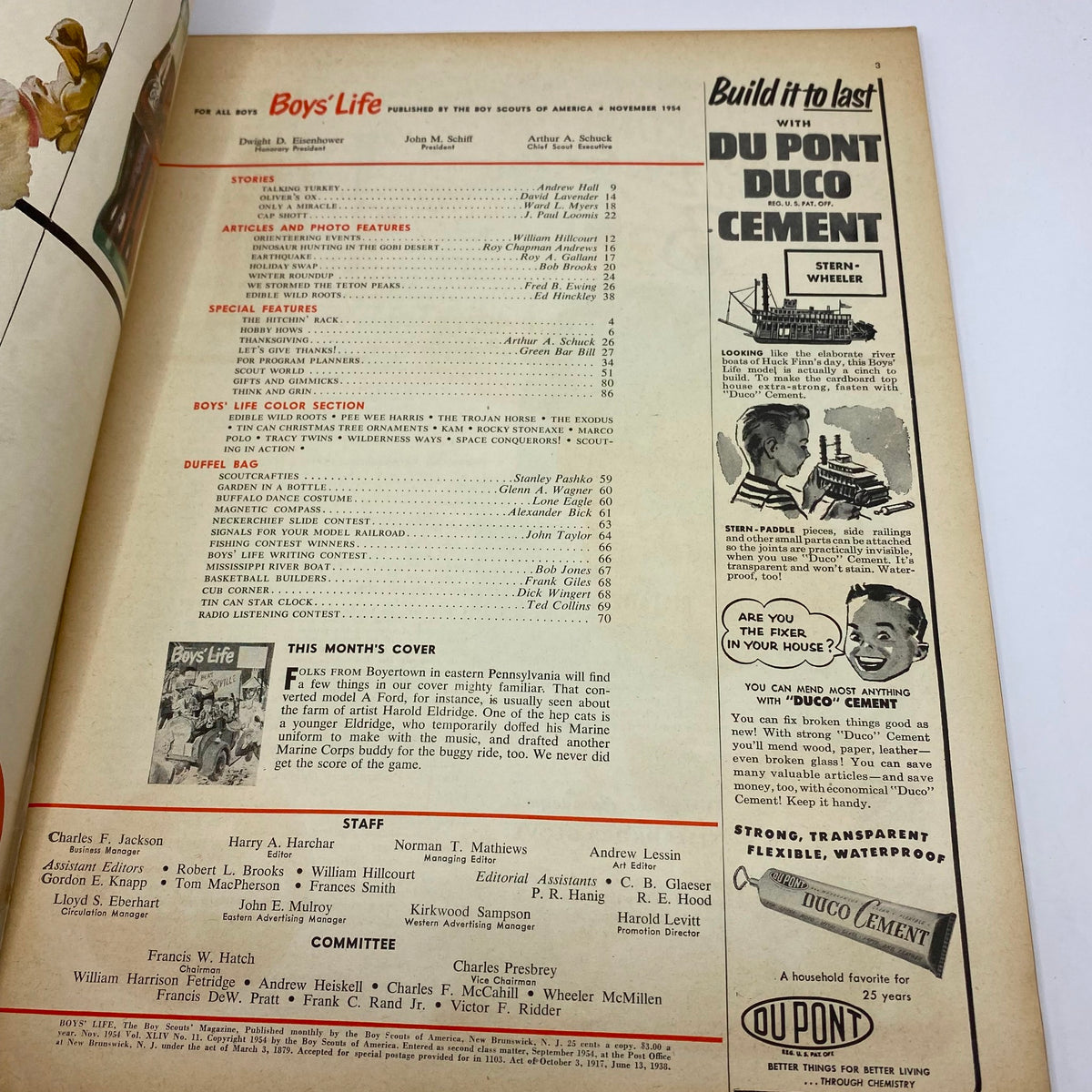 Inside page of VTG Boys' Life for All Boys Magazine November 1954, showing the table of contents and articles list.
