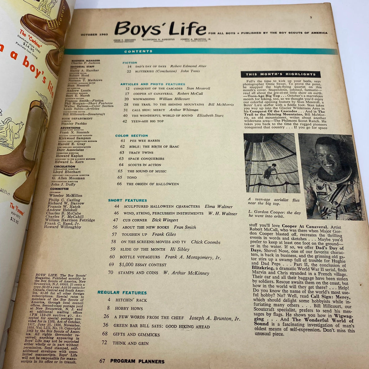 Inside content page of VTG Boys' Life for All Boys Magazine October 1963, featuring articles, illustrations, and highlights, showcasing the spirit of the early '60s. Titled The Teen-Age Big Top.