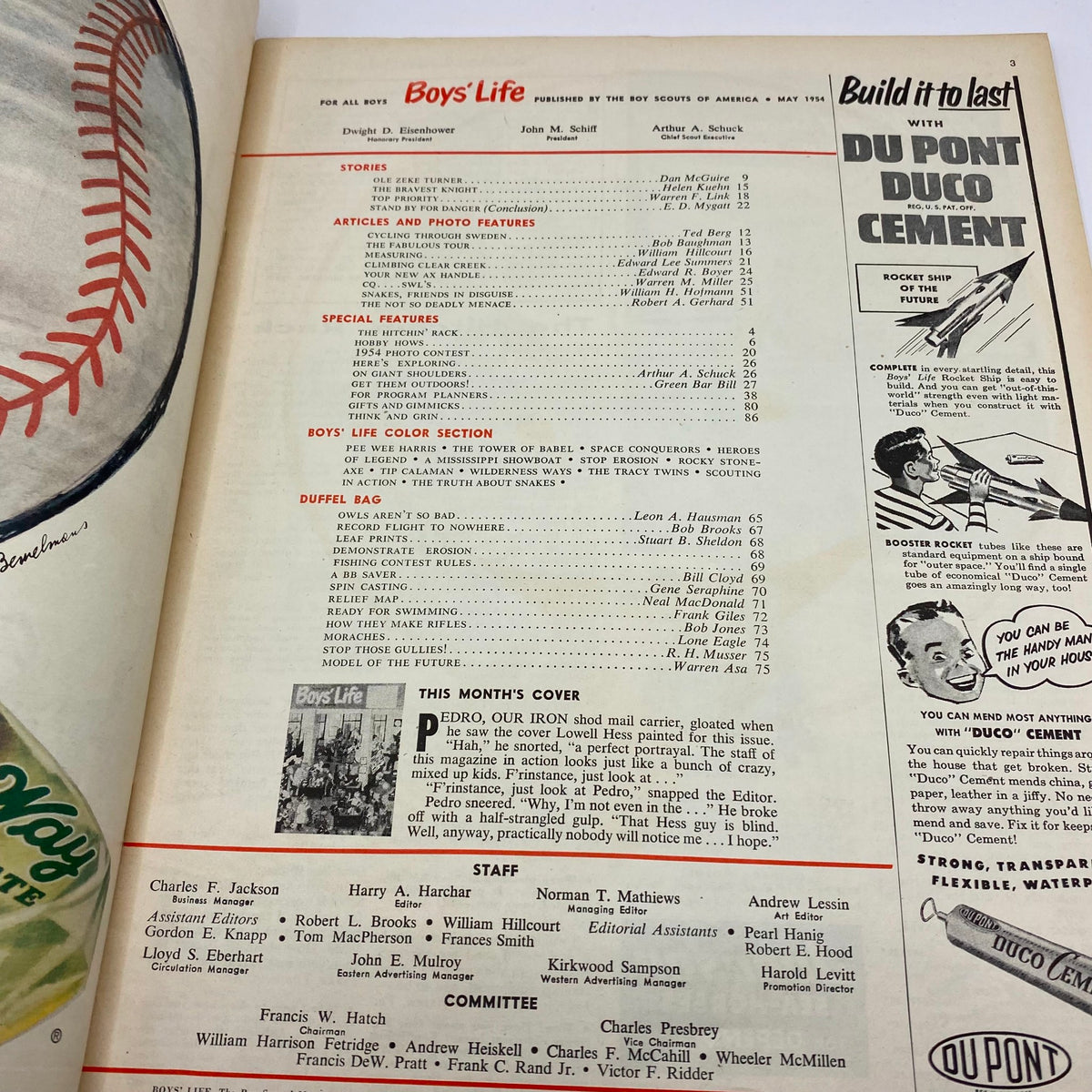 Interior page of VTG Boys' Life for All Boys Magazine May 1954 displaying the contents and features, including the mention of 'Pedro the Shod Mail Carrier' on the cover.