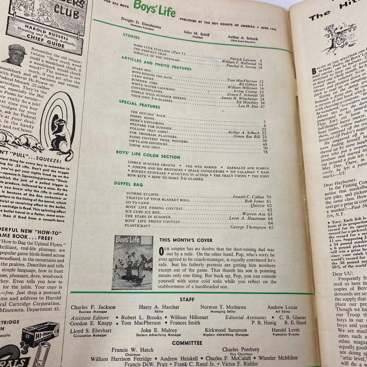 Contents page of the June 1954 issue of VTG Boys' Life for All Boys Magazine, displaying articles and features aimed at young readers.