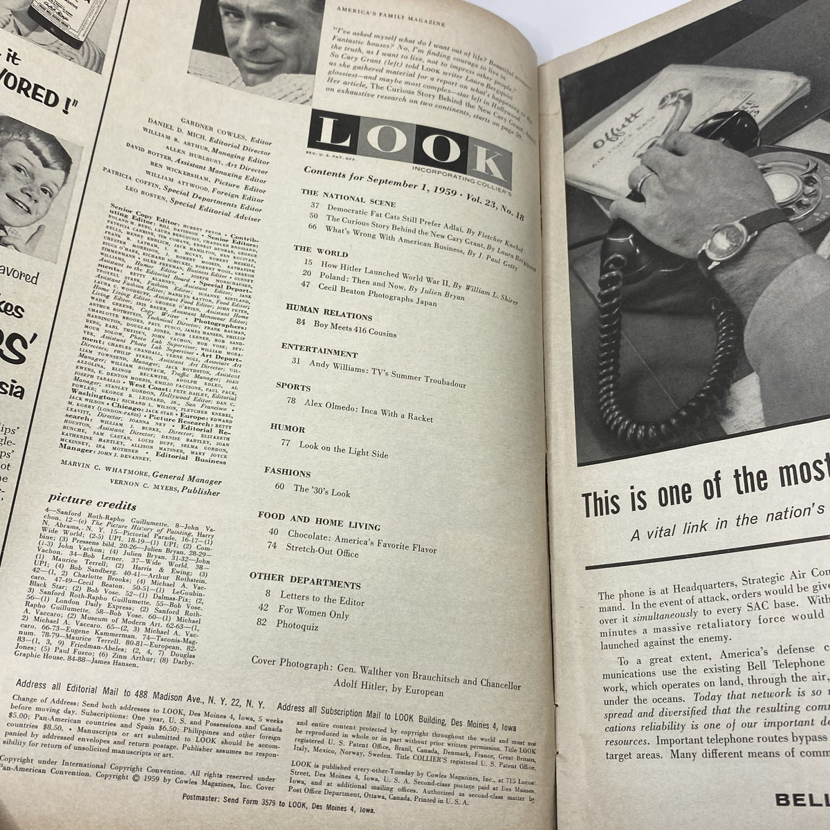 Inside page of Look Magazine September 1 1959 displaying the table of contents, featuring articles including 'How Hitler Launched World War II'.