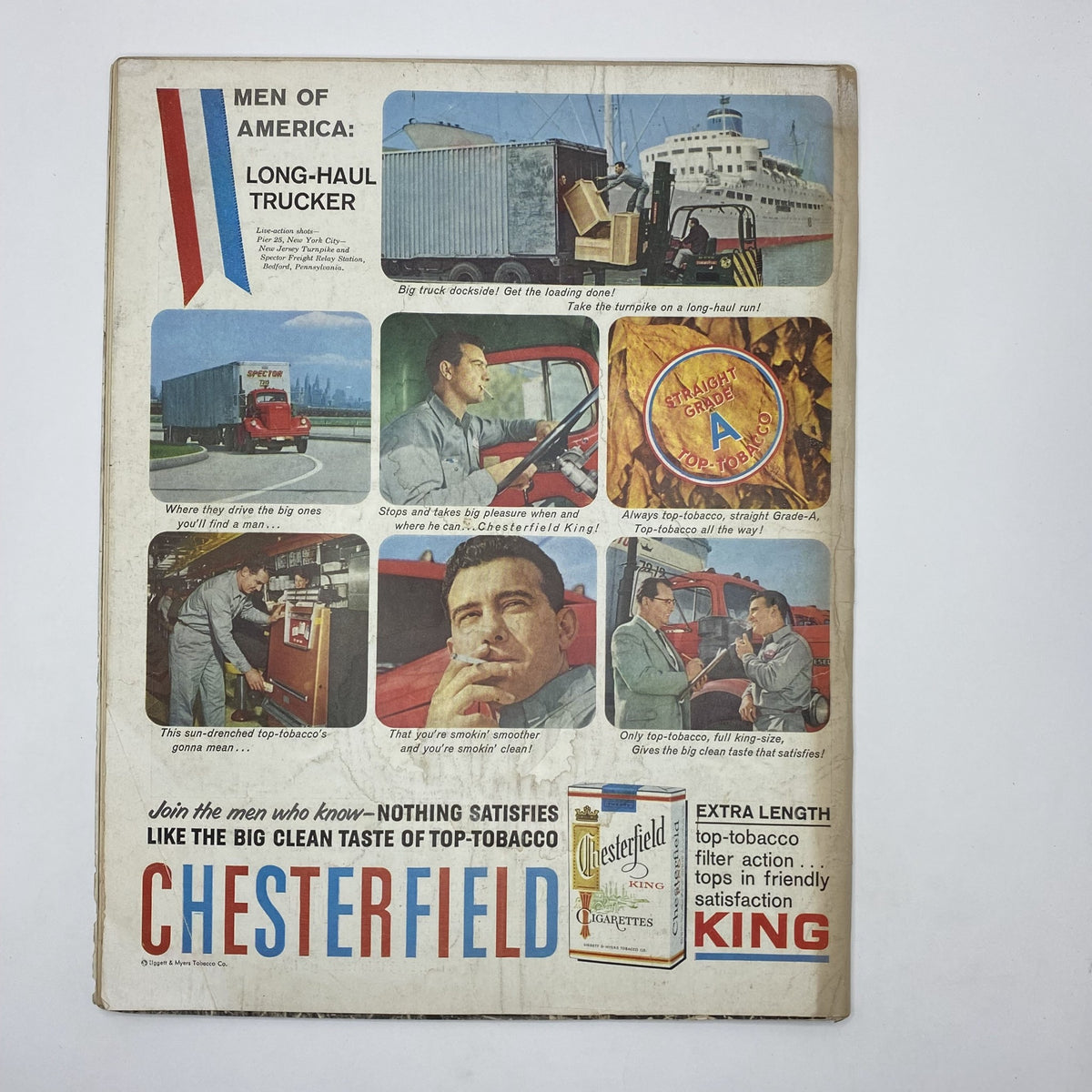 Back cover of Look Magazine September 1 1959 advertising Chesterfield cigarettes with illustrations of truck drivers and their vehicles.