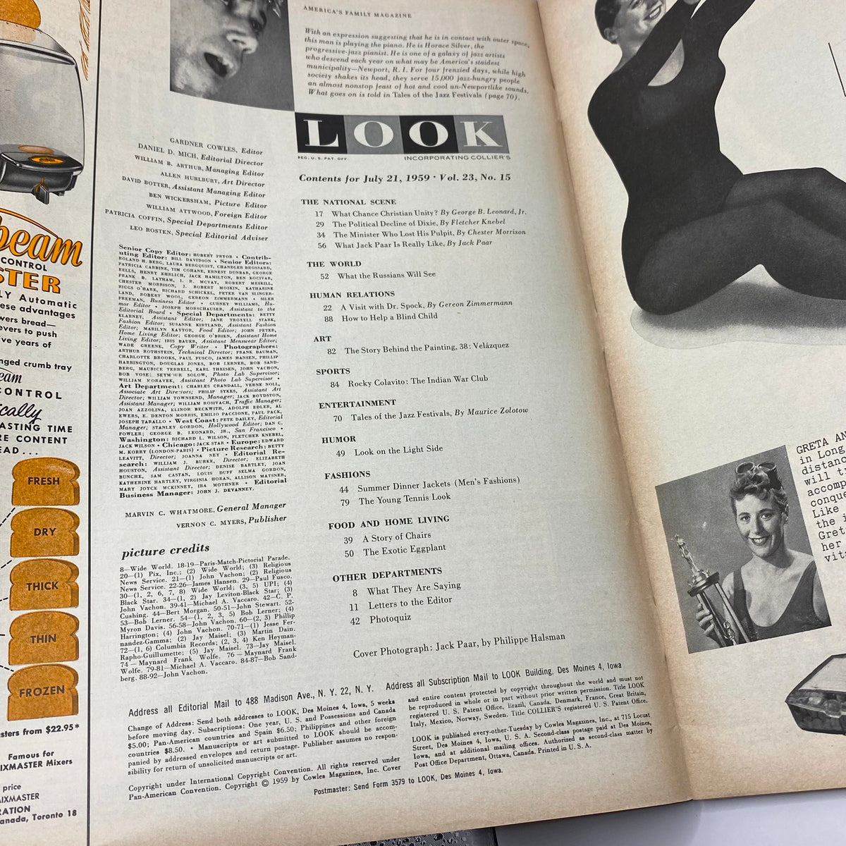 Interior page from Look Magazine July 21 1959 showing contents and articles related to American culture and entertainment, featuring the charismatic Jack Paar.