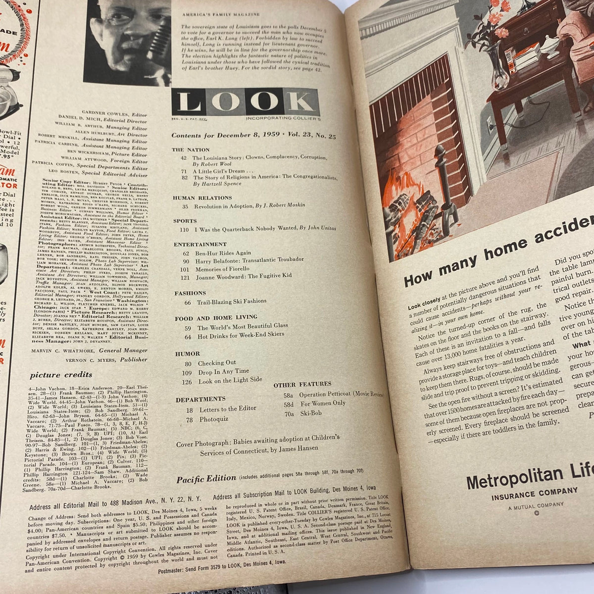 Look Magazine December 8 1959, showcasing the table of contents for Volume 23, Number 25 with various article titles and features.