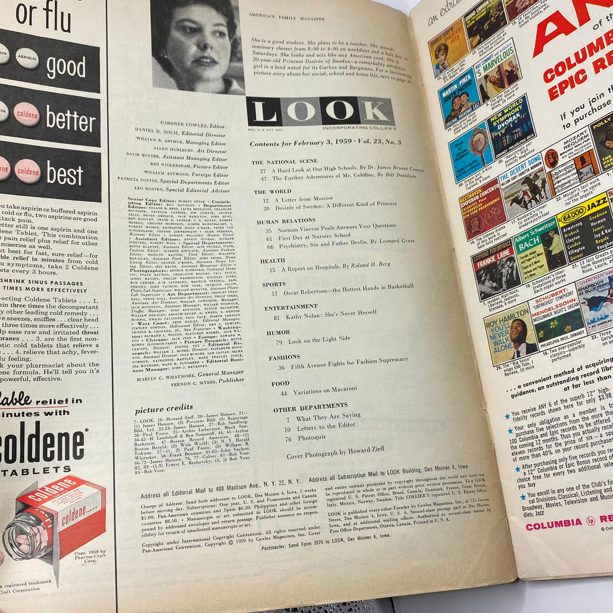 Interior page of Look Magazine February 3 1959, Vol. 23 No. 3 showcasing the contents and editorial details of the issue.
