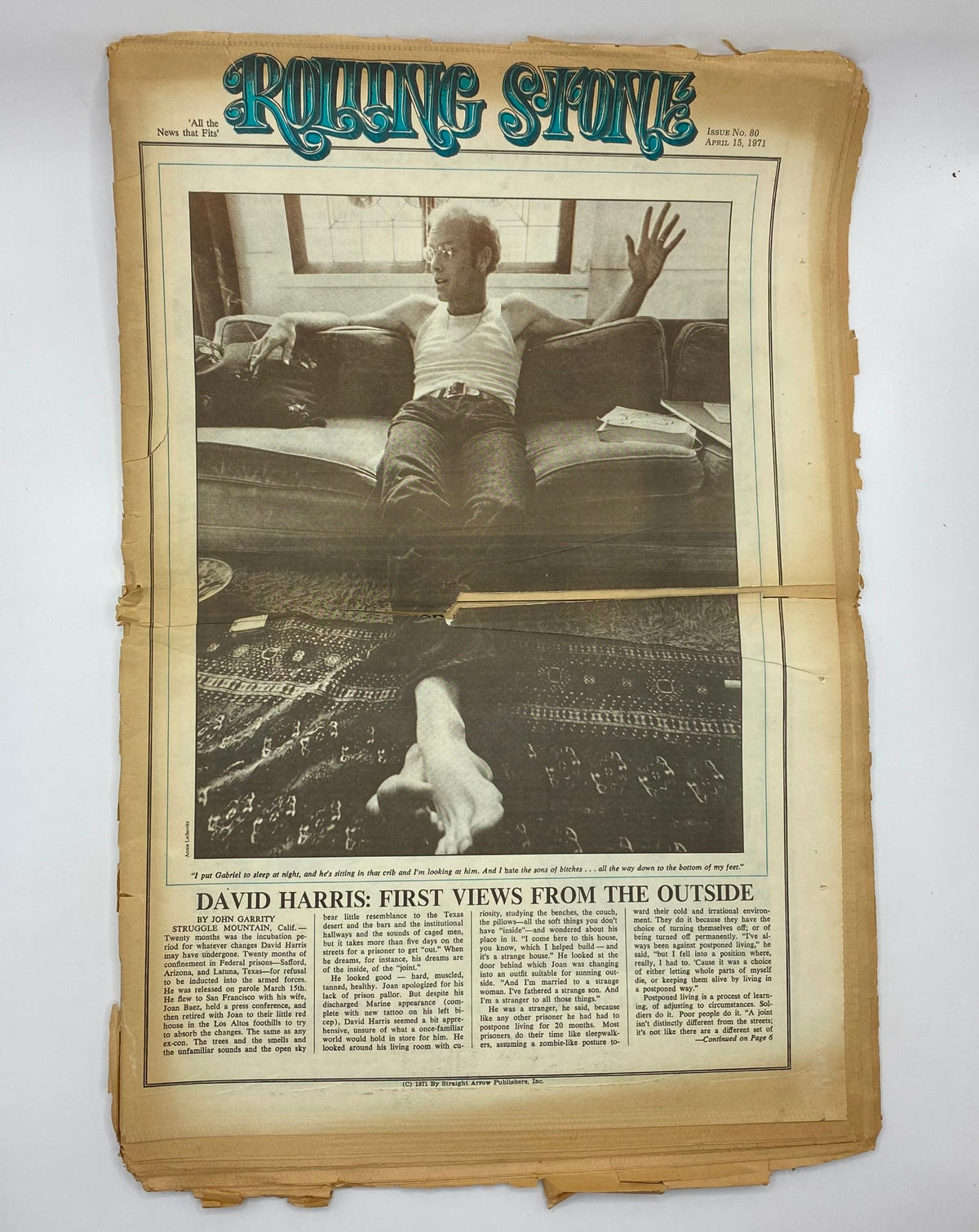 Front cover of the Rolling Stone Magazine from April 15, 1971, issue No. 80 showcasing a prominent image of musician David Harris, capturing the essence of 70s cultural revolution.