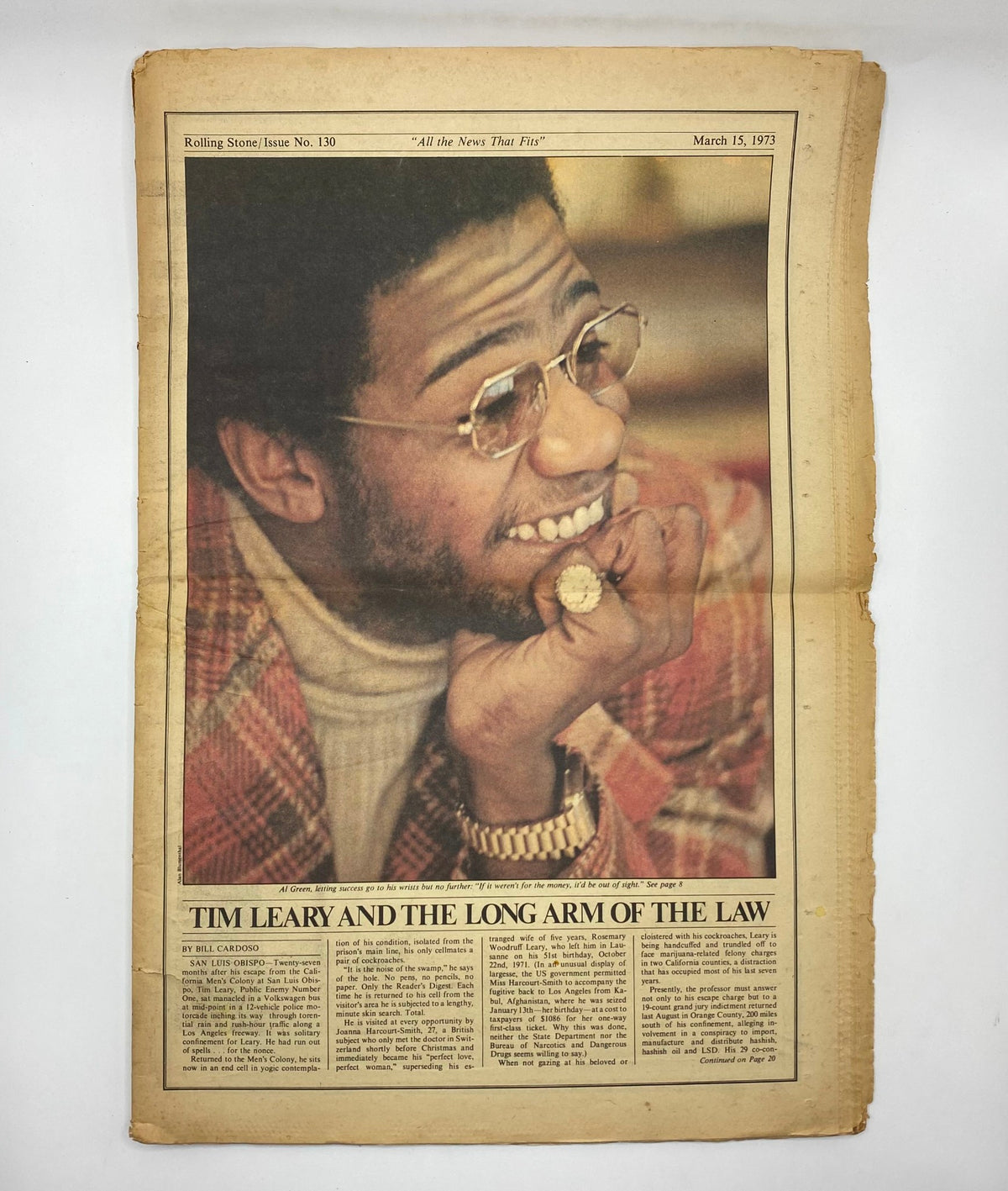 Interior page from Rolling Stone Magazine March 15, 1973, Issue No. 130, showcasing an article about Tim Leary, accompanied by a photograph highlighting the era's style.