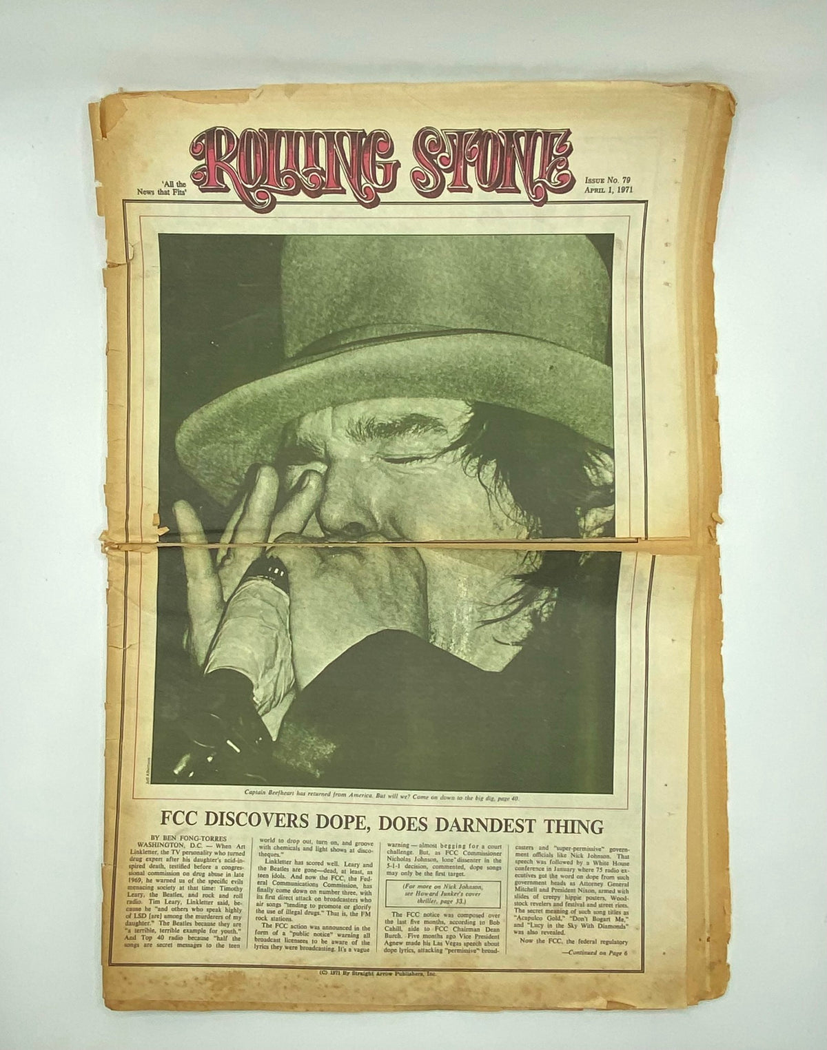 Rolling Stone Magazine April 1 1971 No. 79 displaying a prominent image of a musician in a hat, emphasizing articles on music culture of the 1970s, typical for vintage publications.