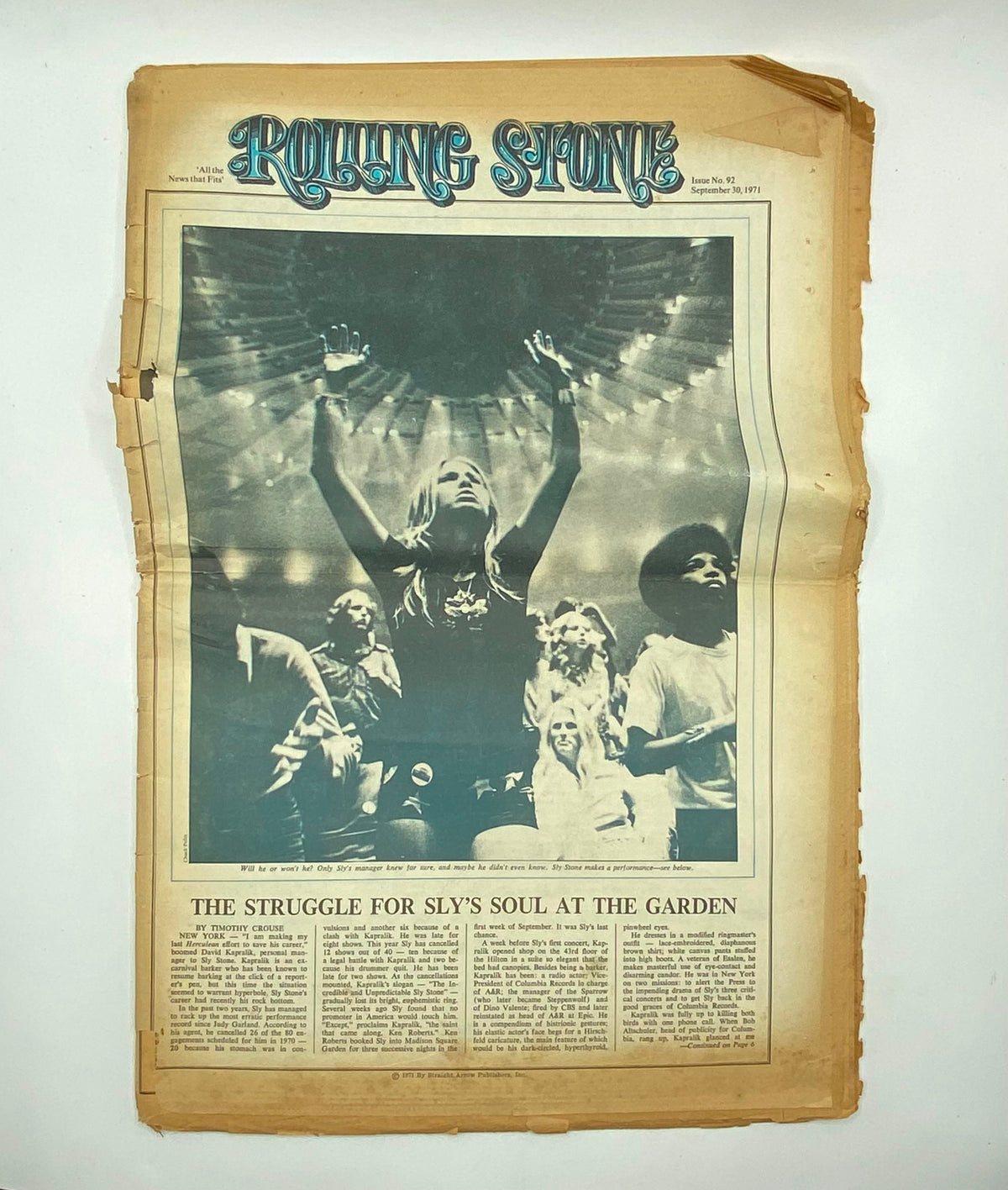 Rolling Stone Magazine October 14 1971, Issue No. 93 featuring a historical article titled 'The Struggle for Sly's Soul at the Garden', showcasing a crowd at a concert.