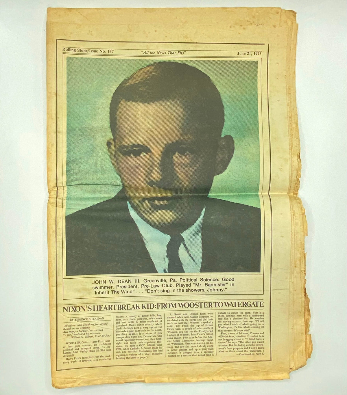 Inside page of Rolling Stone Magazine June 21 1973 Issue No. 137 featuring John Dean III with a brief biography.