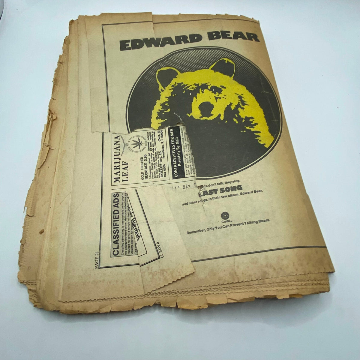 Back page of Rolling Stone Magazine March 1 1973 Issue No. 129 displaying a classified advertisement for Edward Bear, highlighting the magazine's variety of content during the 1970s.