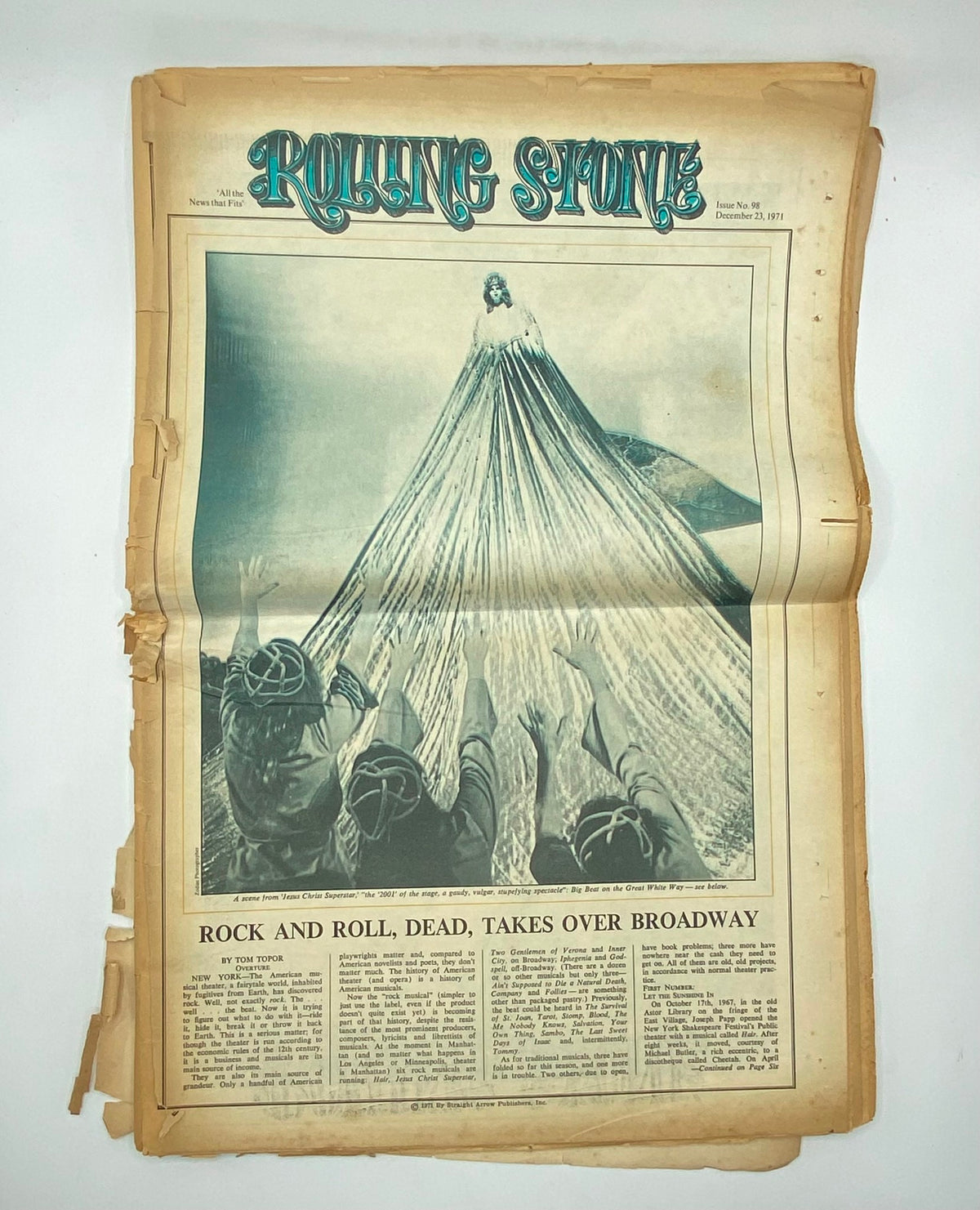 Inside page of Rolling Stone Magazine December 23 1971 Issue No. 98 with an article titled 'Rock and Roll, Dead, Takes Over Broadway'.