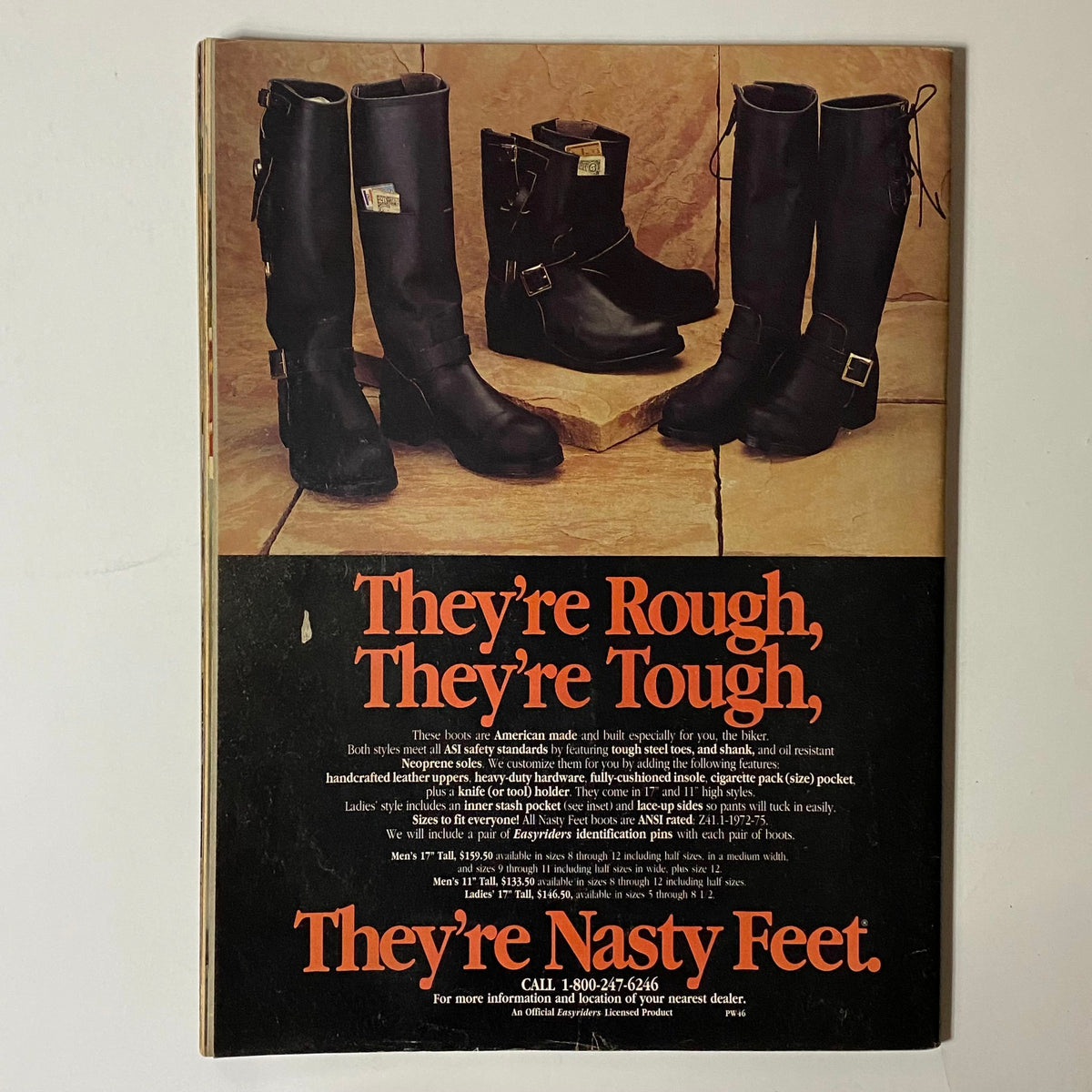 Back cover of In The Wind Magazine July 1991 promoting rugged motorcycle boots, emphasizing their durability and safety features with a bold design.