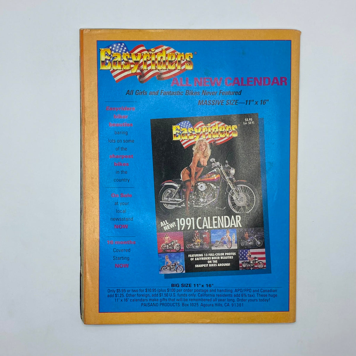 Back cover of In The Wind Magazine March 1991, promoting an Easyriders Calendar with a striking image of a model and motorcycle, highlighting vintage advertising.