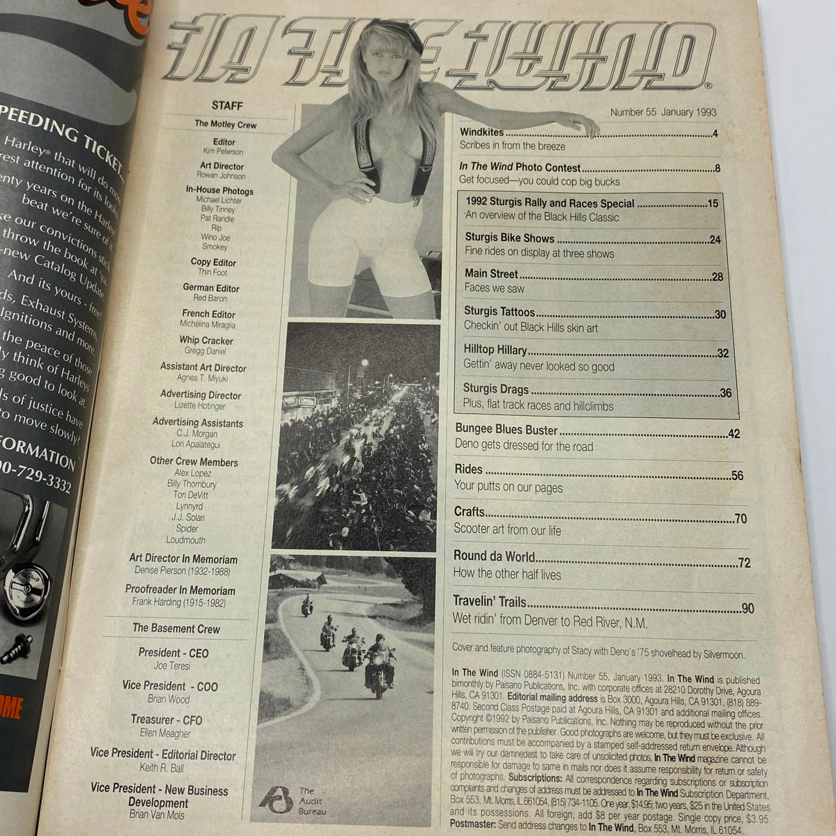 Inside page of In The Wind Magazine January 1993 No. 55 displaying the staff list and contents, featuring model Stacy.