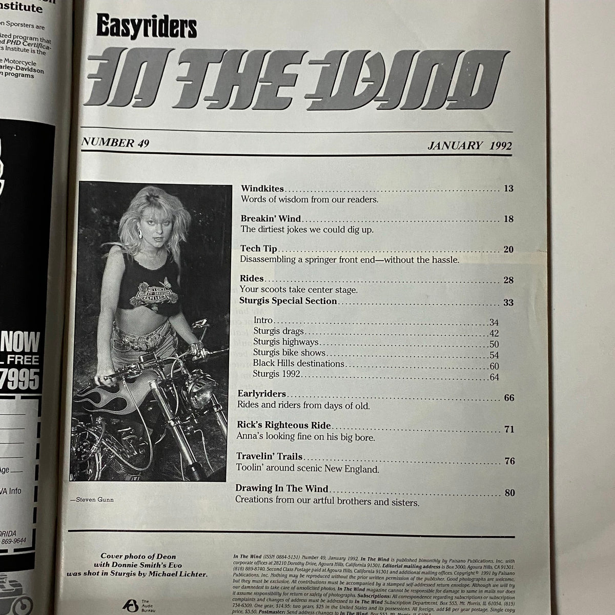 Table of contents from In The Wind Magazine January 1992 No. 49, outlining features like Windkites and Sturgis Special Section. Includes a photo of Deon.