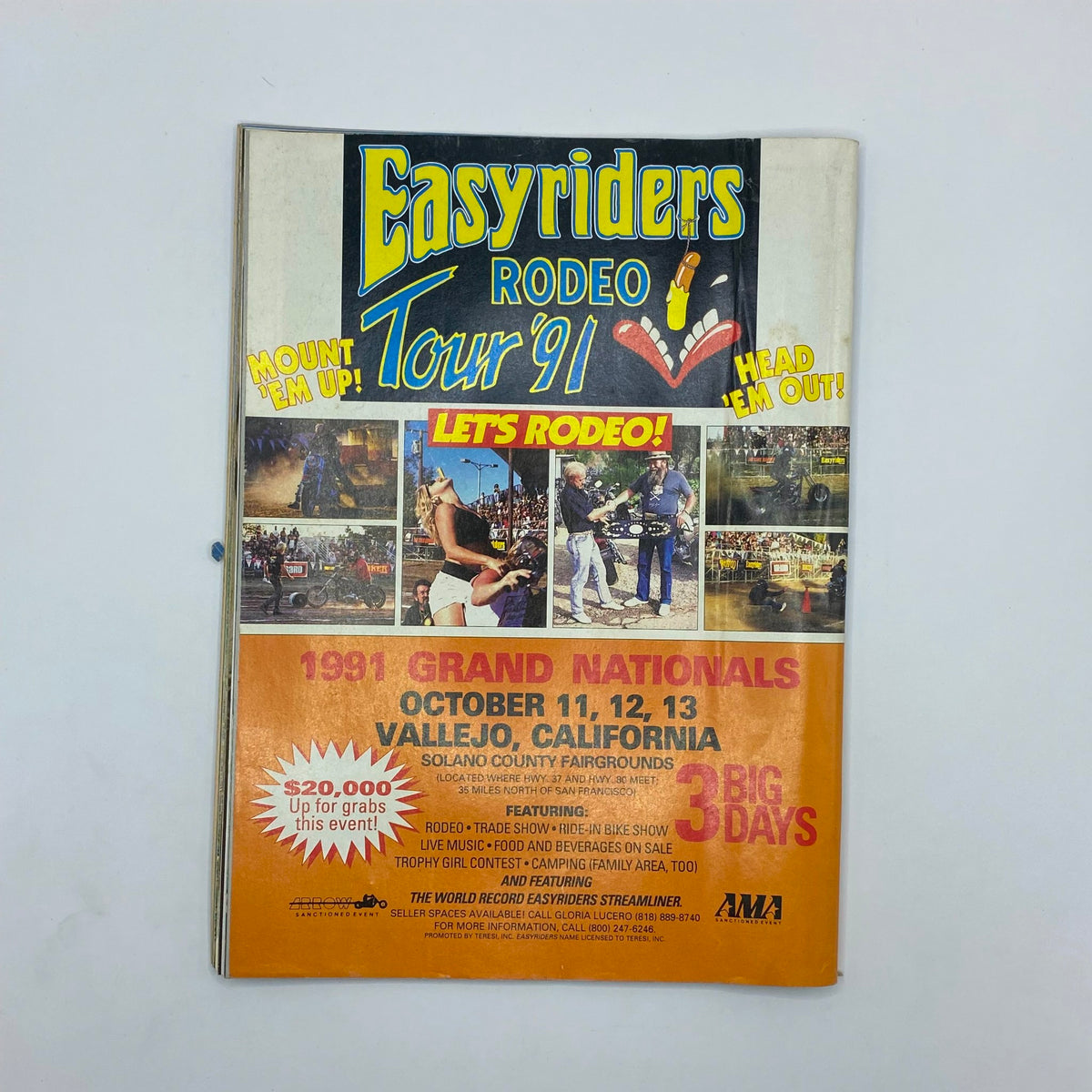 Promotional page for EasyRiders Rodeo Tour '91, highlighted in In The Wind Magazine January 1992 No. 49. Displays event details for the Grand Nationals in Vallejo, California.