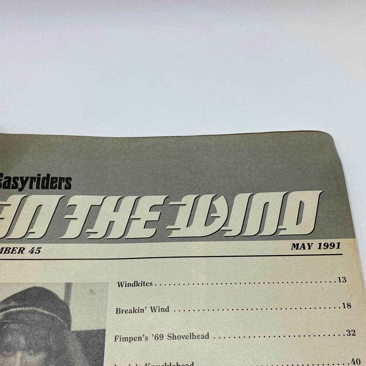Title page of Easy Riders Presents In The Wind Magazine May 1991 No. 45 displaying the magazine title and issue number, highlighting the vintage aesthetic and content theme.