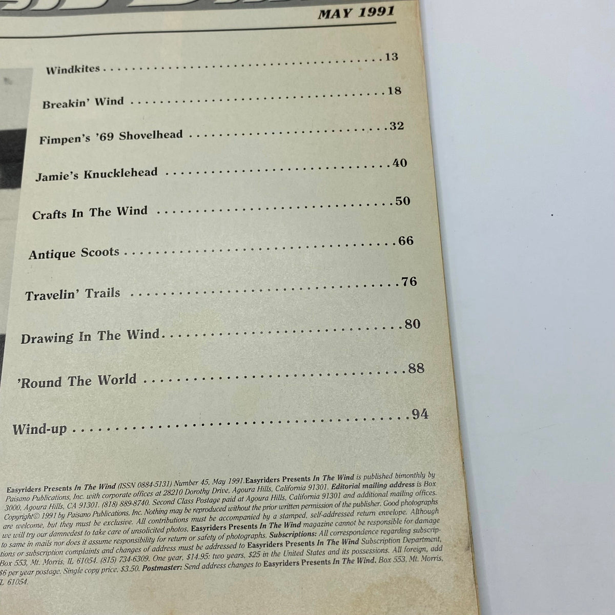 Contents page of Easy Riders Presents In The Wind Magazine May 1991 No. 45 listing featured articles and topics, emphasizing the magazine's focus on motorcycle culture.