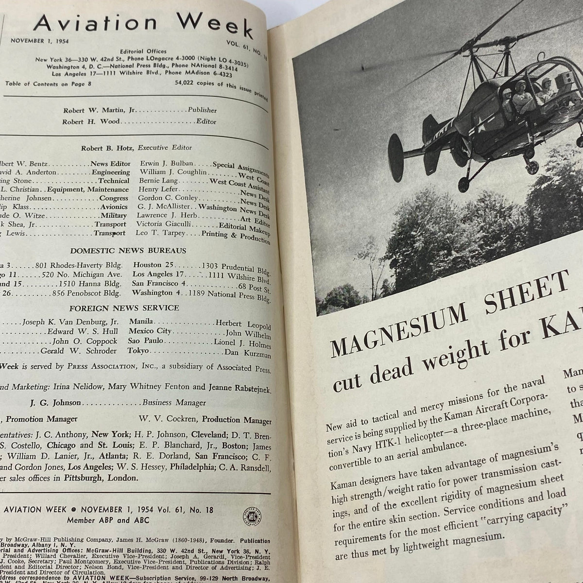 Inside page of VTG Aviation Week Magazine November 1 1954 displaying the table of contents and an image of a helicopter, highlighting articles on aviation advancements.
