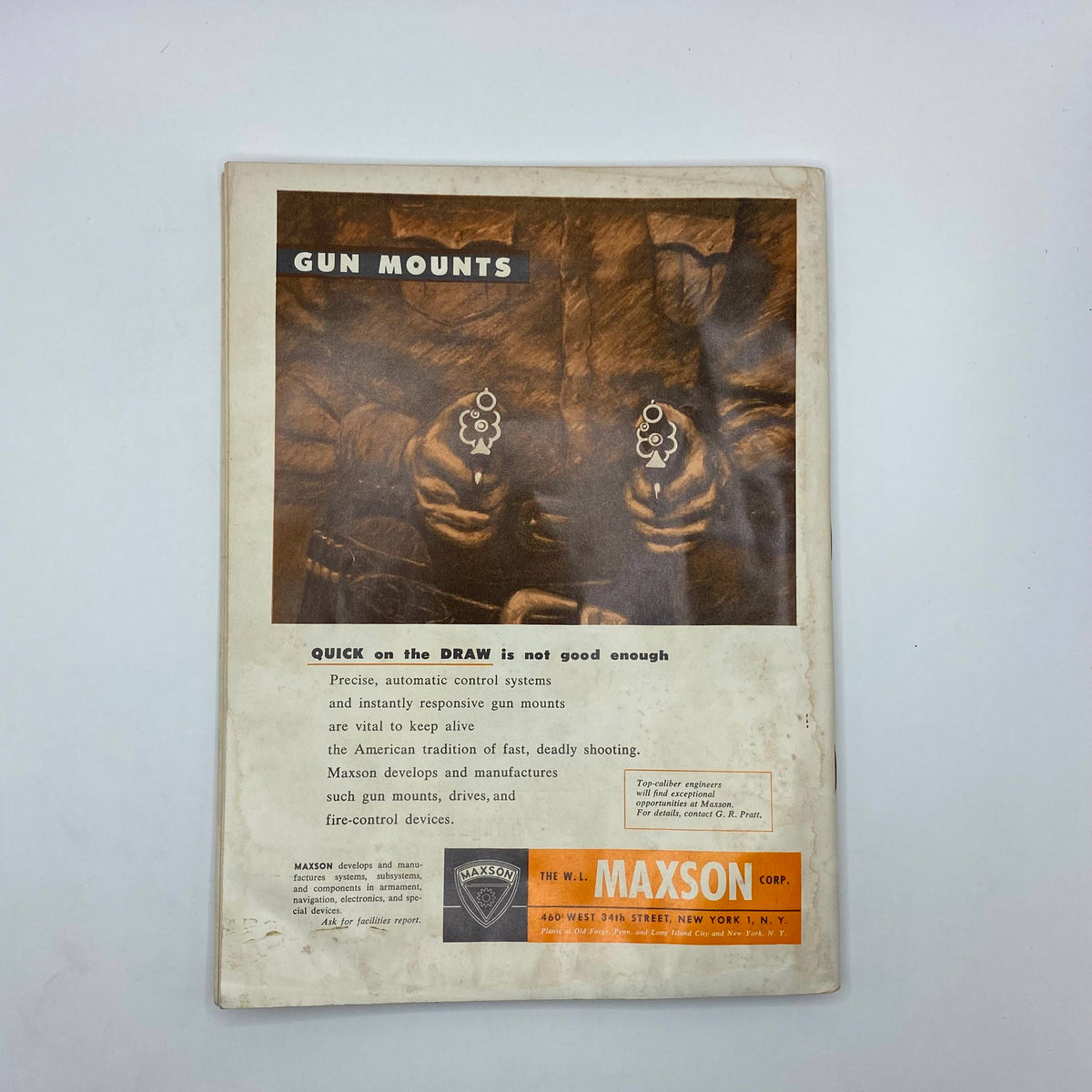 Back cover of VTG Aviation Week Magazine November 1 1954 advertising gun mounts, emphasizing the importance of precise automatic control systems in military aviation.