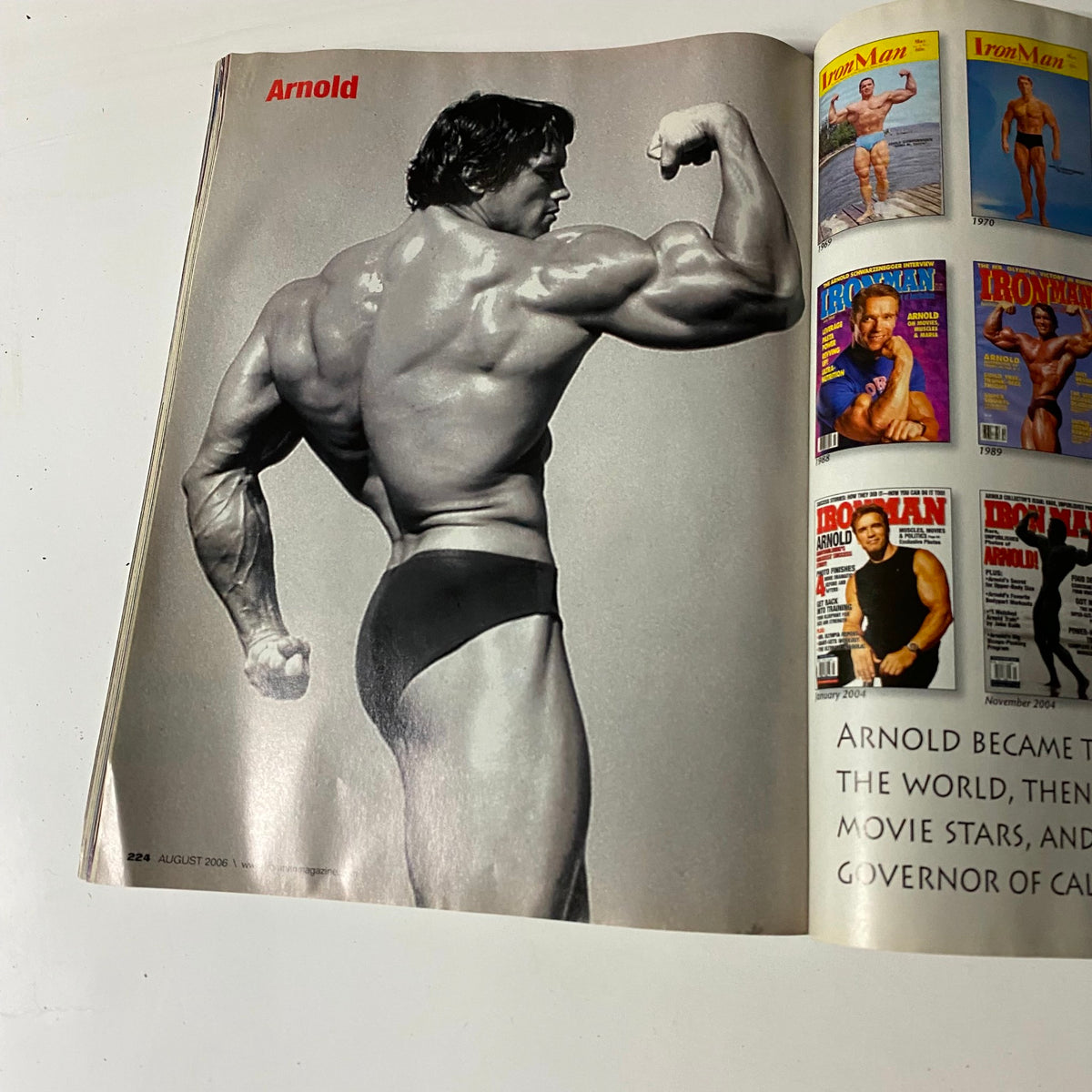 Iron Man Magazine August 2006 depicting Arnold Schwarzenegger from behind, showcasing his powerful back muscles, a nostalgic tribute to bodybuilding history.