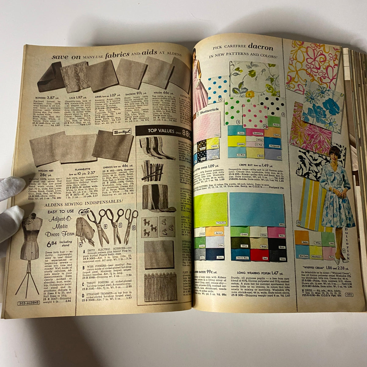 1965 Aldens Spring and Summer Catalog presenting a selection of fabrics, sewing aids, and colorful patterns for home sewing and crafting projects.