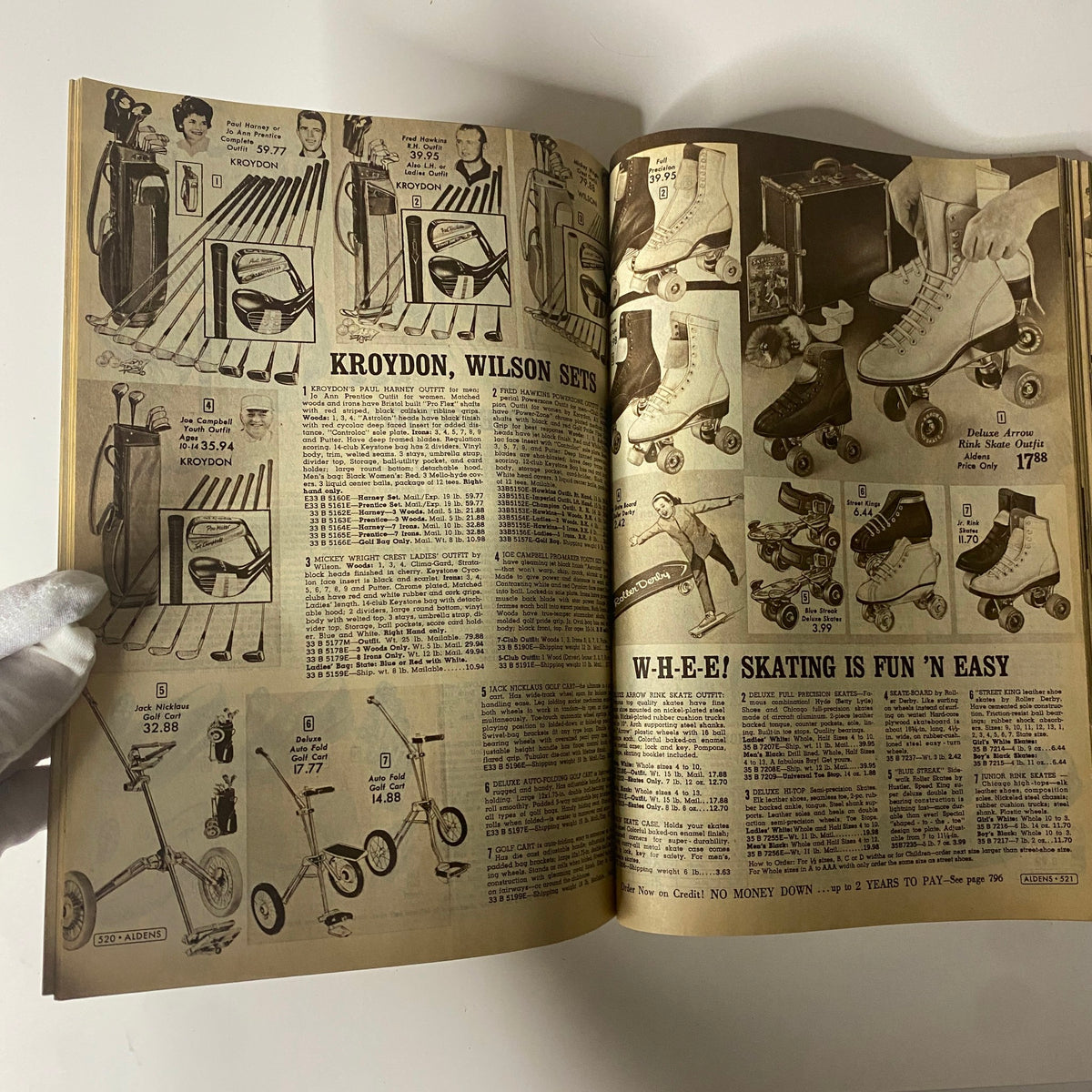 1965 Aldens Spring and Summer Catalog featuring athletic equipment including golf clubs and roller skates, with pricing details and advertisements for outdoor fun.