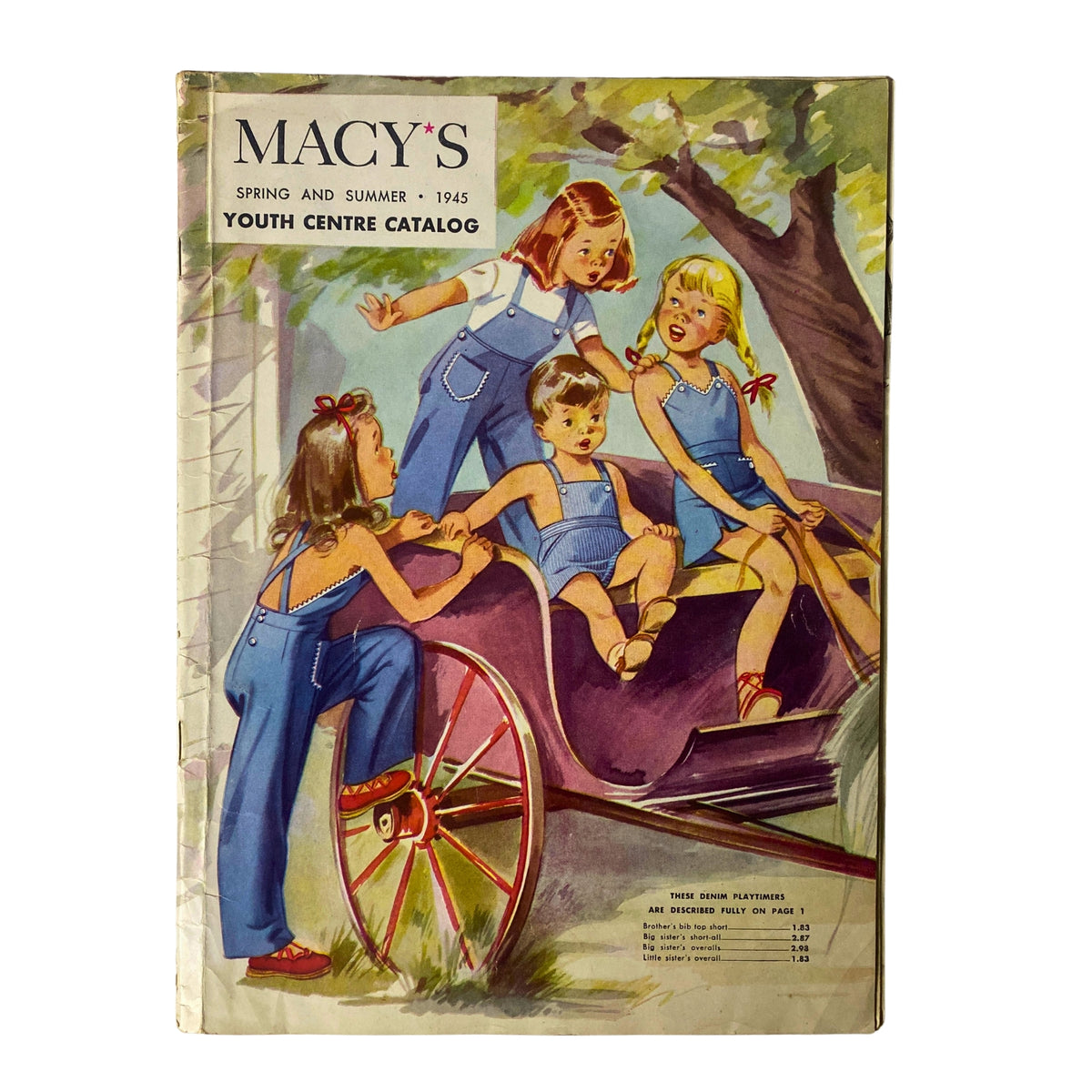 Cover of the 1945 Macy's Spring and Summer Catalog featuring four children playing outside in colorful outfits, showcasing the youth fashion of the era.