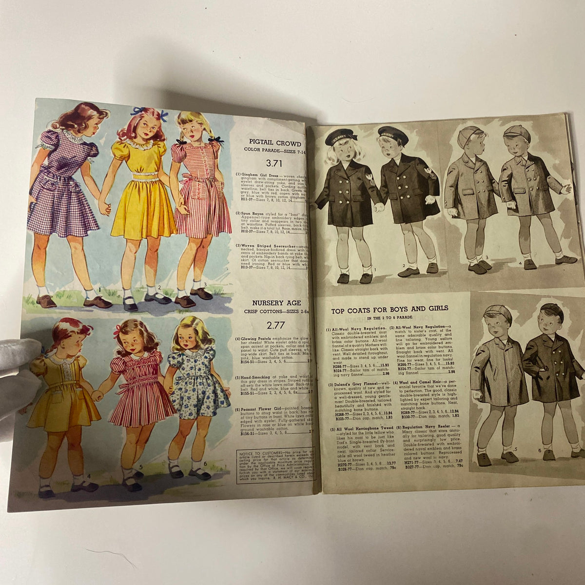 Interior pages of the 1945 Macy's Spring and Summer Catalog displaying children's dresses and coats along with pricing details, illustrating mid-20th century American fashion.