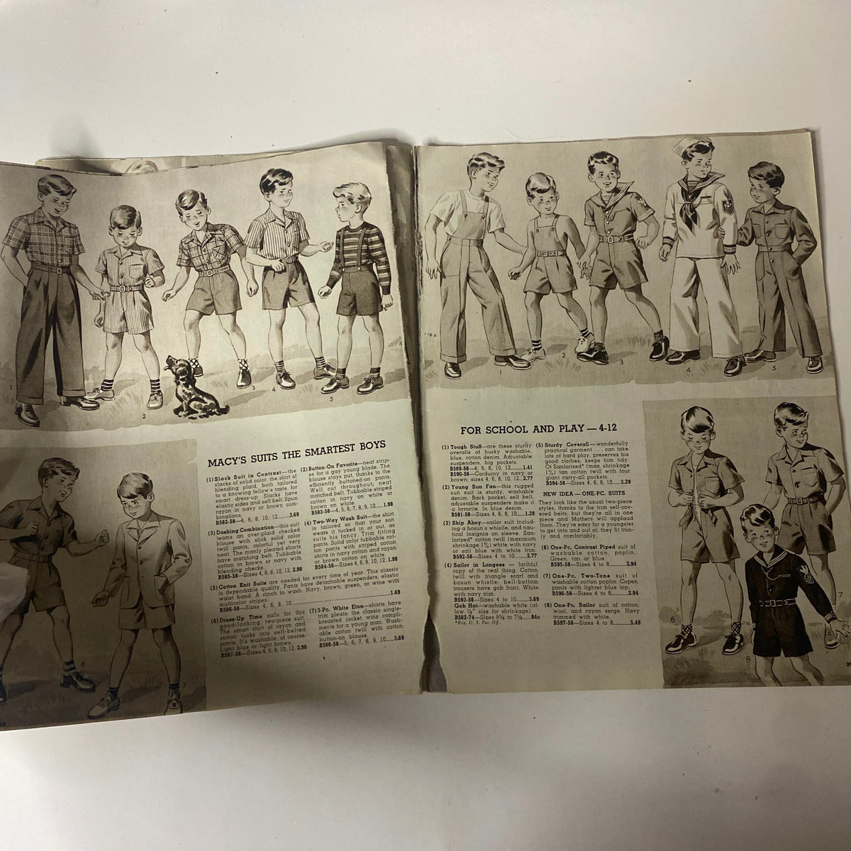 1945 Macy's Spring and Summer Catalog highlighting stylish suits for boys, including various casual and formal clothing options for children's spring apparel.