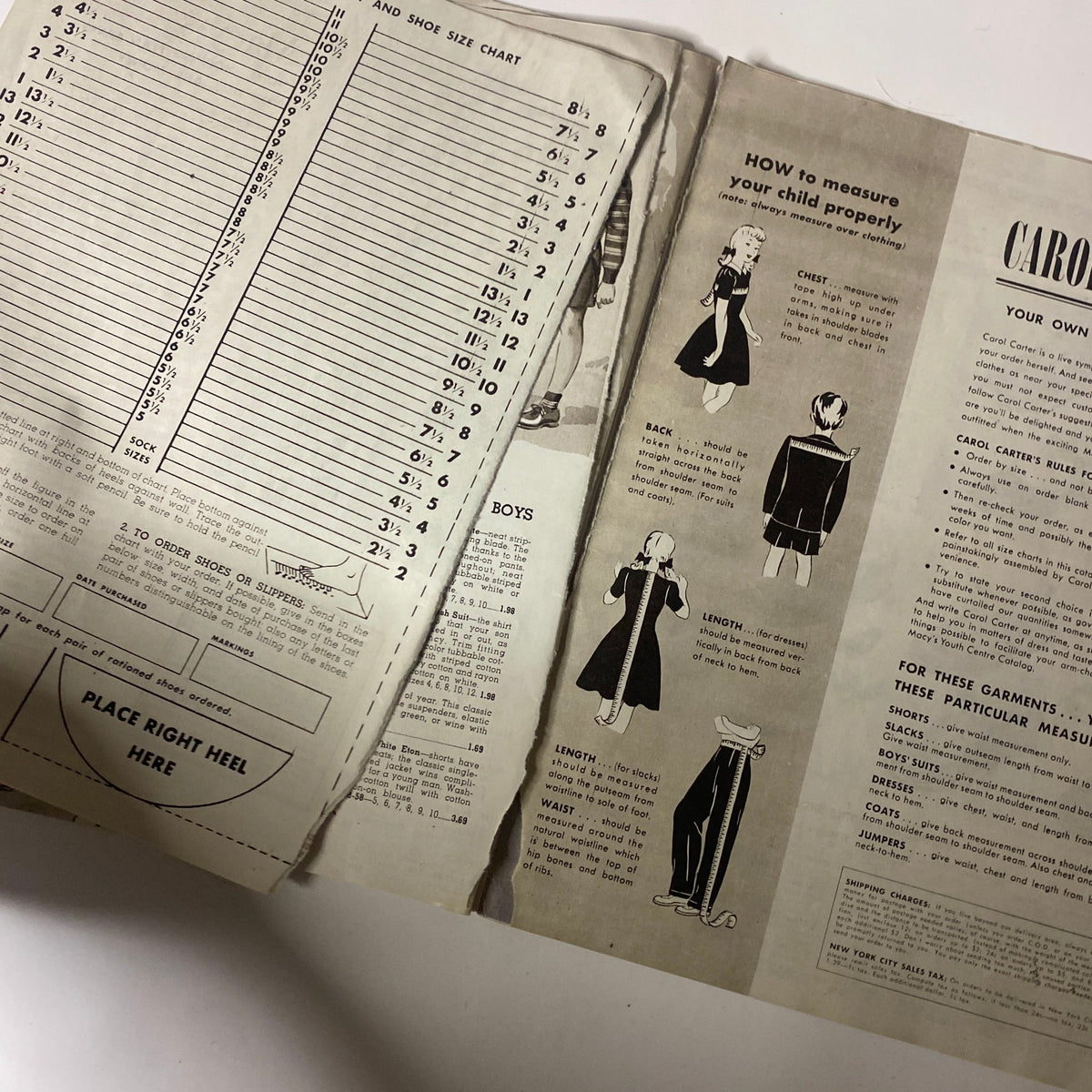 1945 Macy's Spring and Summer Catalog providing a shoe size chart and measurement guide for children's clothing, illustrating accurate fitting for parents.